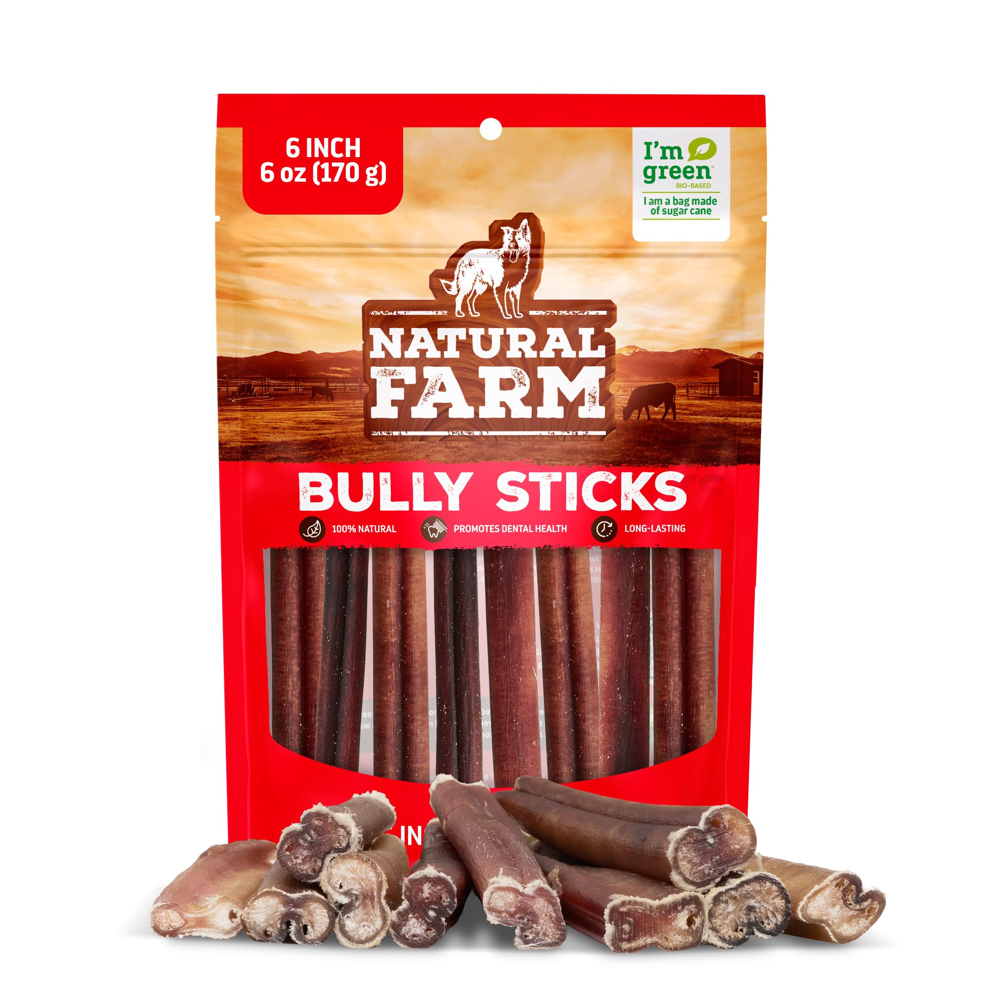 Natural Farm Bully Sticks (6 Inch, 15 Count), Single Ingredient: 100% Beef Chews, Grass-Fed, Non-GMO, Grain-Free, Fully Digestible Treats for Puppies, Small or Senior Dog