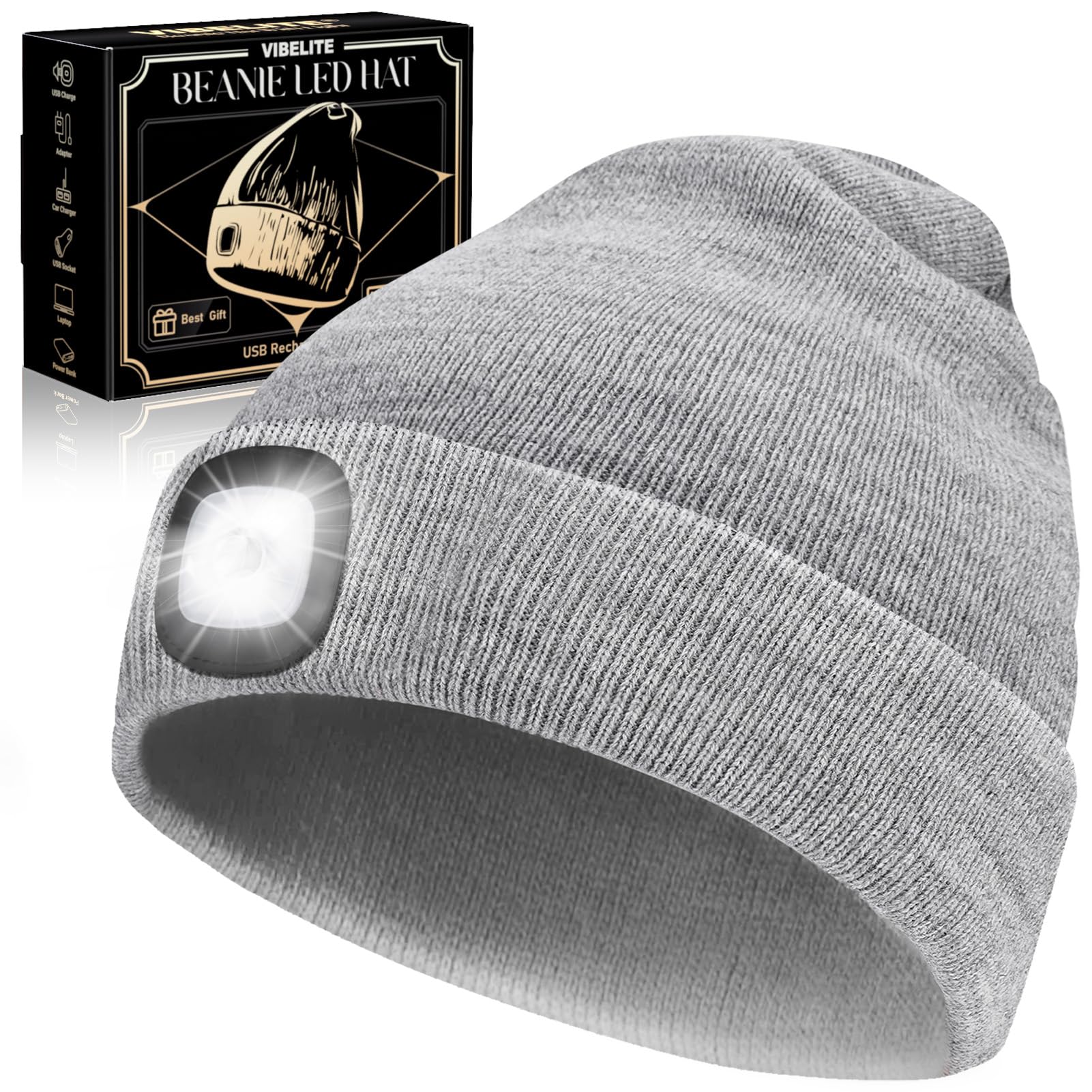 VIBELITE LED Beanie Hat with Light, USB Rechargeable LED Headlamp for Hiking, Camping, Fathers Day Gift for Dad, Husband, Birthday Gifts for Men, Women, Dad Gifts from Daughter, Wife, Black