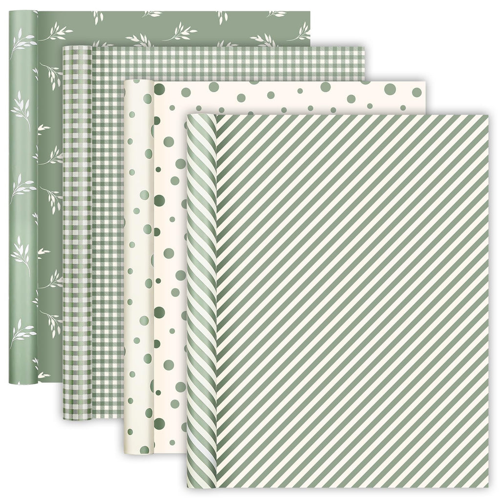woric 4 Rolls Sage Green Wrapping Paper Neutral Wrapping Paper with Stripe Polka Dot Check Beige Leaves Design for Baby Shower Wedding Bridal Shower Graduation Birthday-17 x 120 in Per Roll