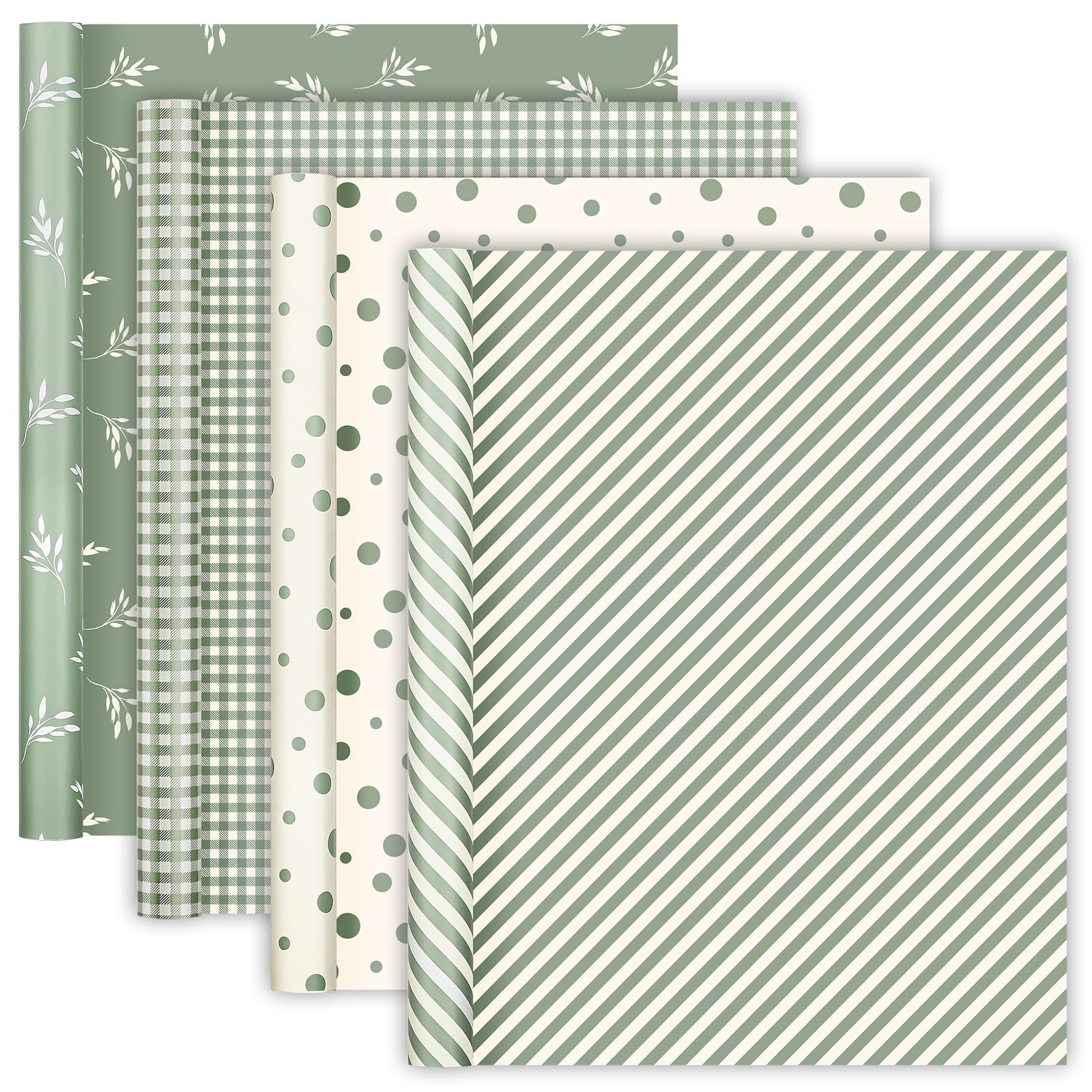 woric 4 Rolls Sage Green Wrapping Paper Neutral Wrapping Paper with Stripe Polka Dot Check Beige Leaves Design for Baby Shower Wedding Bridal Shower Graduation Birthday-17 x 120 in Per Roll
