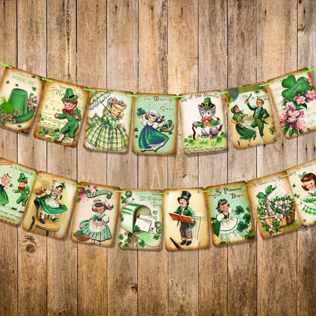 ssailue decor St. Patrick's Day Decorations - 15pcs Lucky Shamrock Banner, Green Cartoon Irish Party Supplies for Indoor/Outdoor Use, 5" x 7"