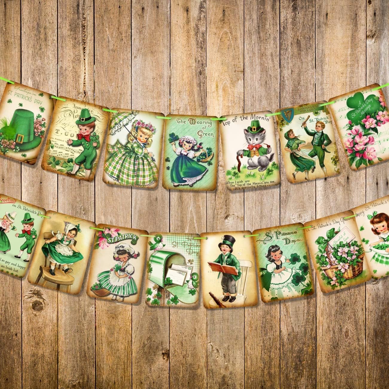 ssailue decor St. Patrick's Day Decorations - 15pcs Lucky Shamrock Banner, Green Cartoon Irish Party Supplies for Indoor/Outdoor Use, 5" x 7"