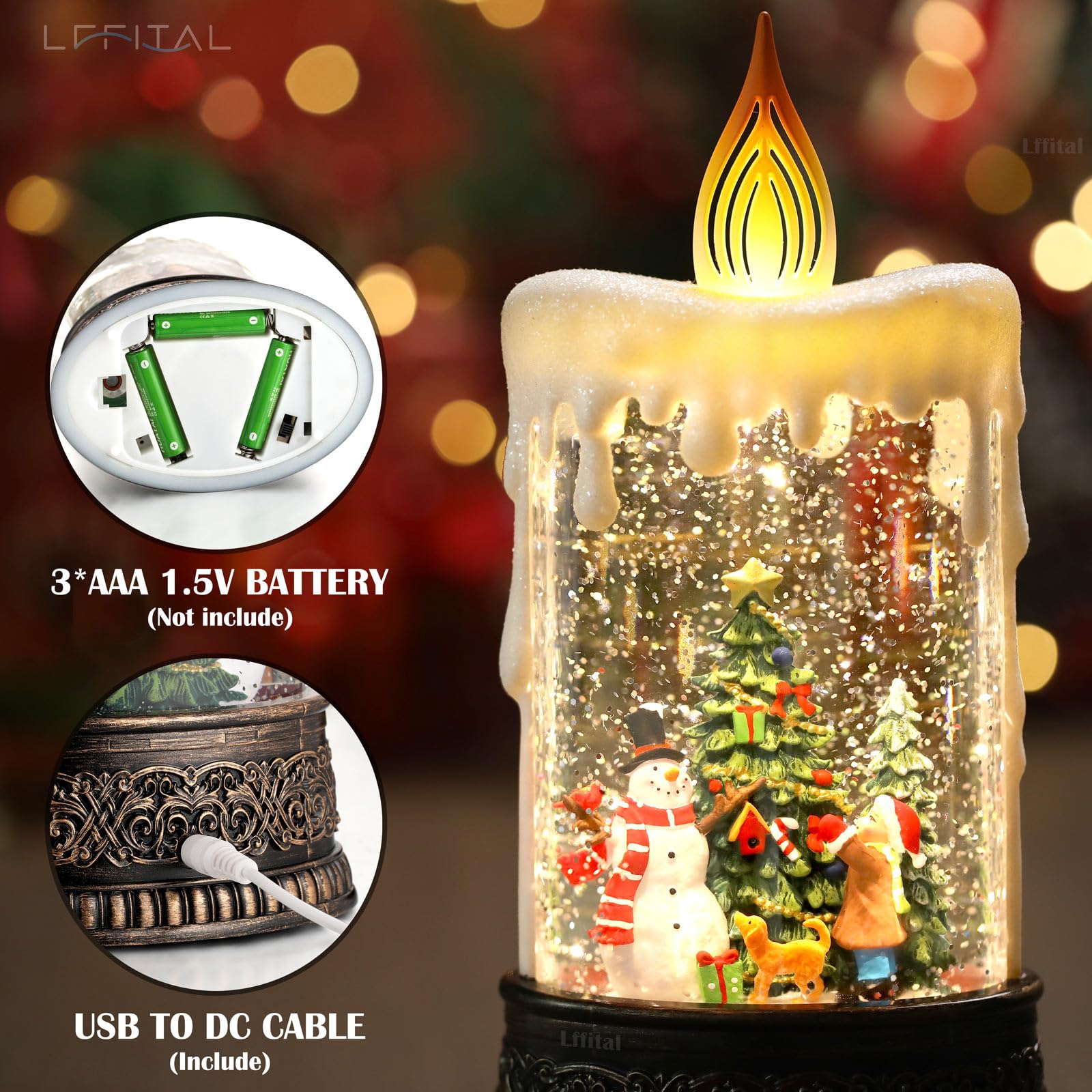Snowman Christmas Snow Globe Lantern, Lighted Christmas Decorations for Home Candle Shaped Snow Lantern with Music Timer Glittering, Home Decor Festival Gife, USB & Battery Operated