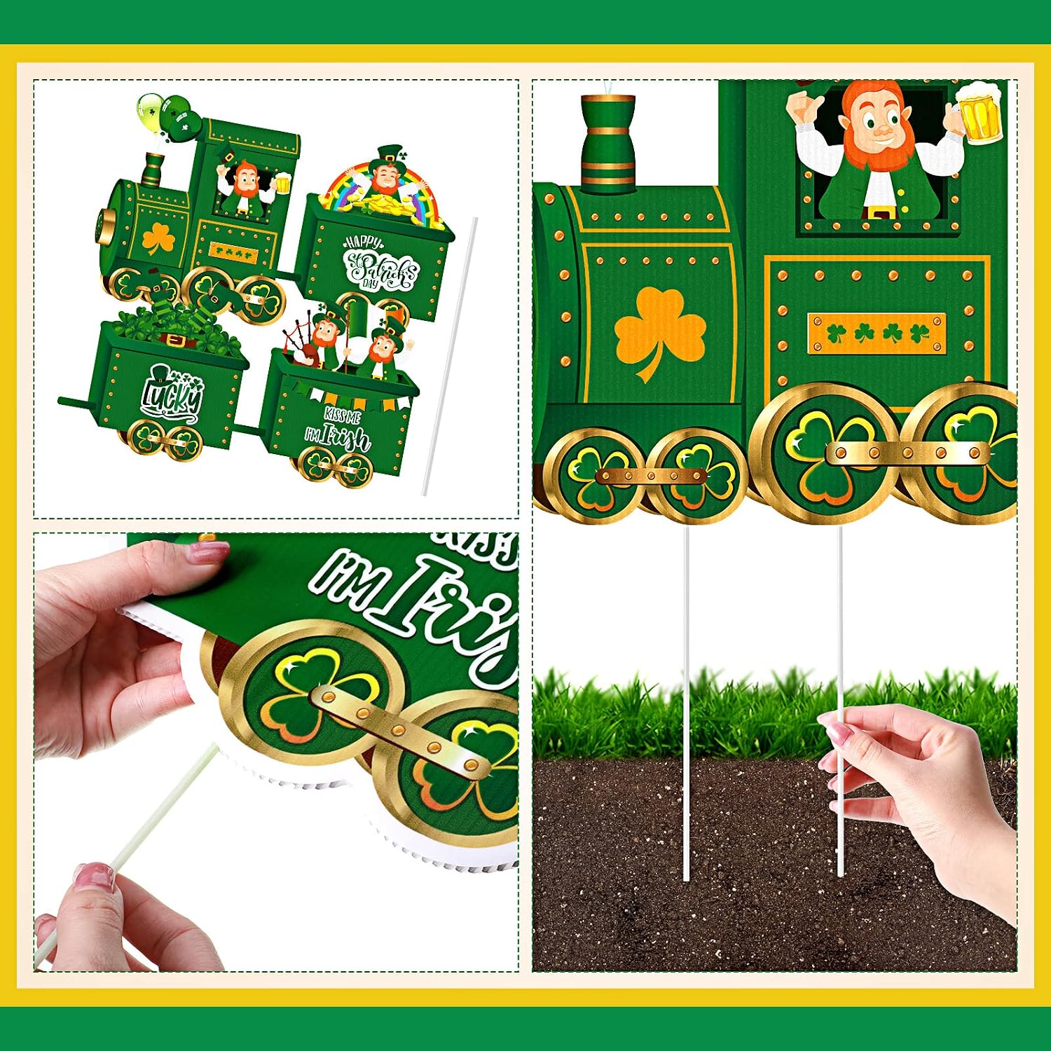 4 Pcs St. Patrick's Day Yard Sign Decorations Train Lawn Outdoor Decor with Stakes Leprechaun Shamrock Balloon Hat Rainbow Sign Irish St Patrick's Day Yard Decor Saint Patty's Day Outdoor Decorations