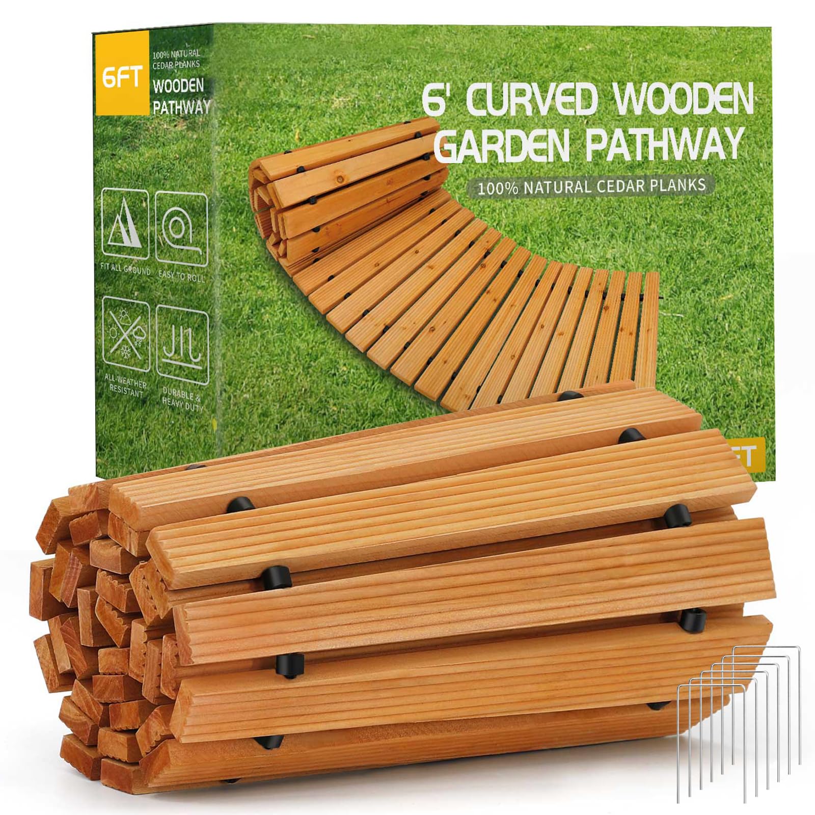 RELIANCER 8' Wooden Garden Pathway,Outdoor Roll Out Cedar Straight Walkway,Patio Path Decorative Garden Boardwalk Walkways,Weather-Resistant Roll Up Beach Wood Road Floor,Wedding Party Pathways