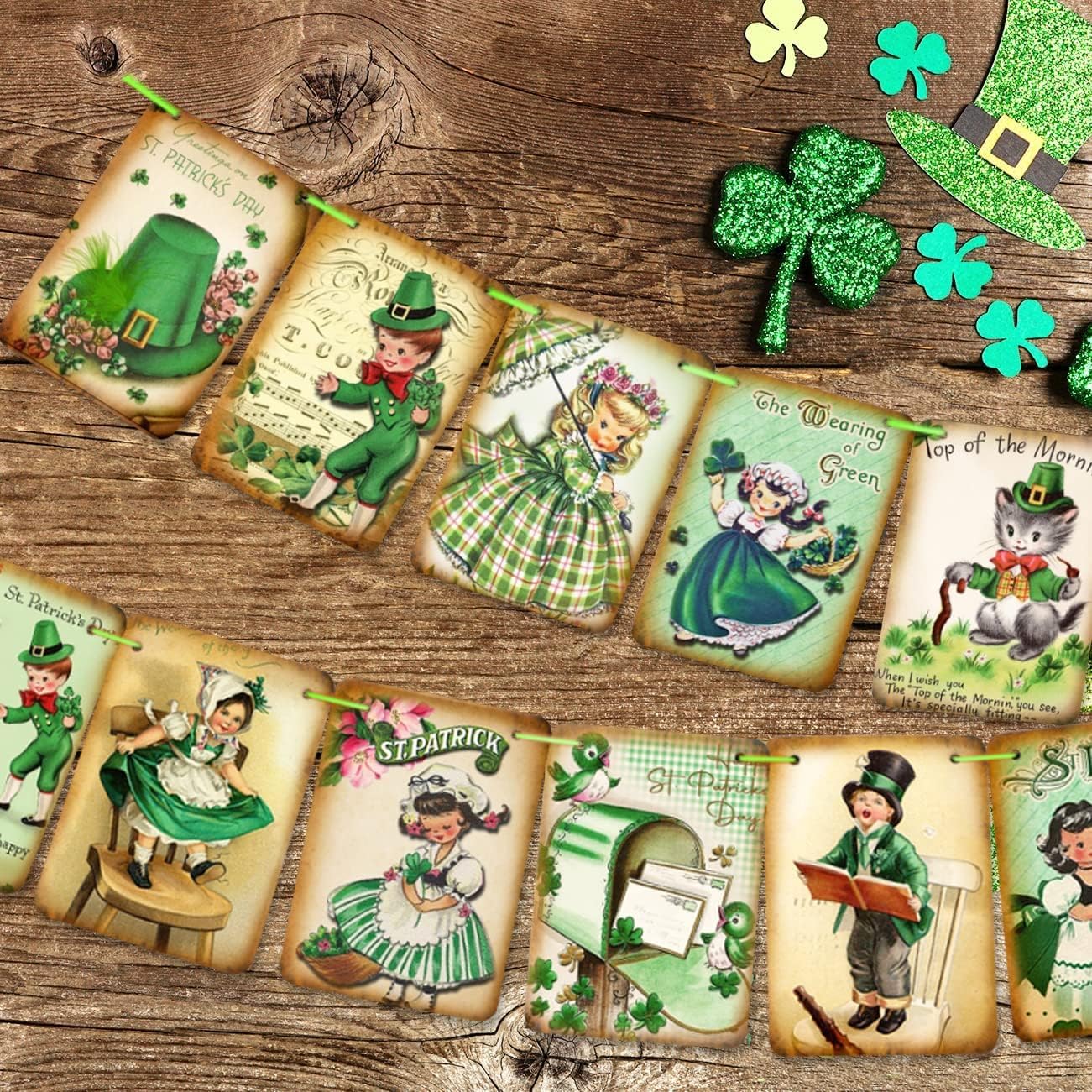 ssailue decor St. Patrick's Day Decorations - 15pcs Lucky Shamrock Banner, Green Cartoon Irish Party Supplies for Indoor/Outdoor Use, 5" x 7"