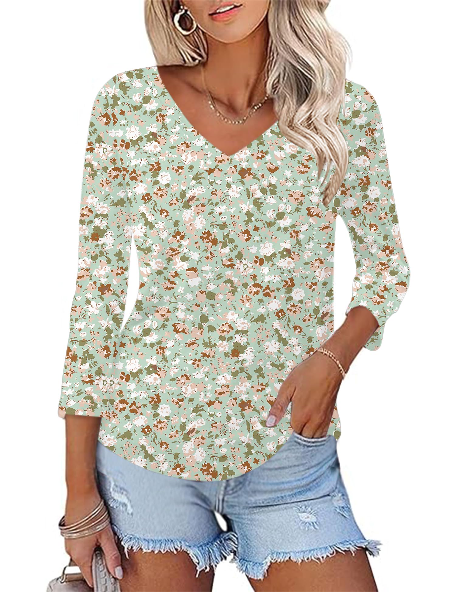 KTILG Women's V Neck T Shirts 3/4 Sleeve Blouse Summer Tops Dressy Casual Solid Basic Tees