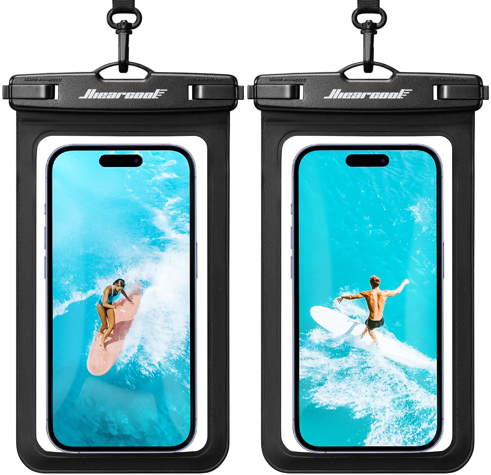 Hiearcool Waterproof Phone Pouch, IPX8 Waterproof Phone Case for iPhone 17/16/15/14 Pro Max, Cell Phone Dry Bag for Beach & Cruise Essentials, Touch Screen, Lanyard Included, 2 Pack (Fits Up to 8.9”)
