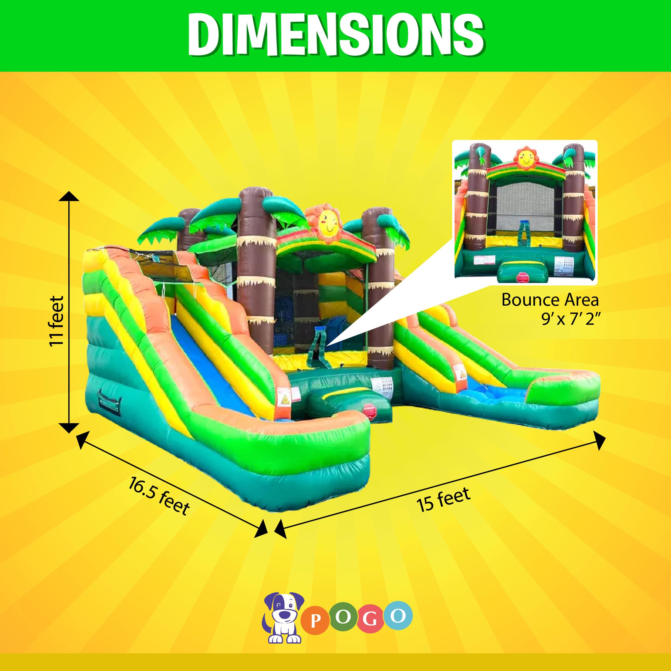 Crossover Tropical Double Water Slide Bounce House Combo, 16.5 x 15 x 11 Foot, PVC Vinyl Inflatable Bouncy House for Kids, Wet or Dry Slides, with Stakes, Storage Bag and 1 HP Blower