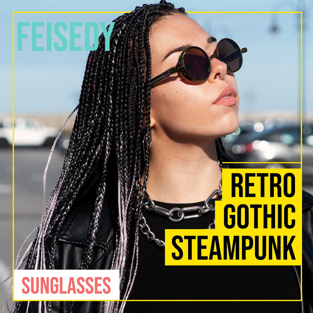 FEISEDY Retro Gothic Steampunk Sunglasses Round Metal Frame Punk Circle Inspired Shade Men B1857