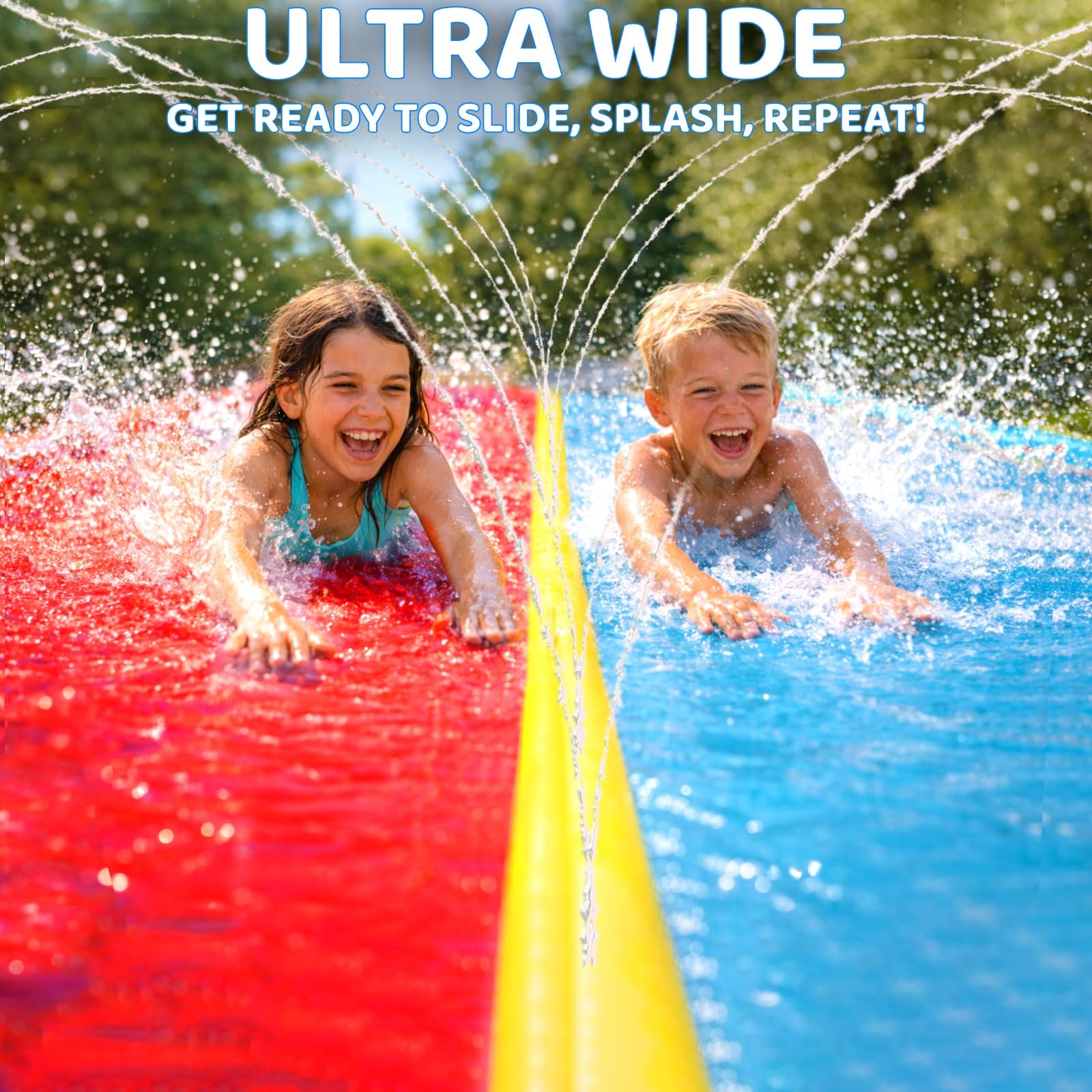 JAMBO Premium Triple Water Slide with 3 Bodyboards, 20Ft Heavy Duty Slip Splash and Slides-Advanced 3-Way Sprinkler System, Splash Pad Mat Backyard Summer Outdoor Water Toys n Long Slides for Kids
