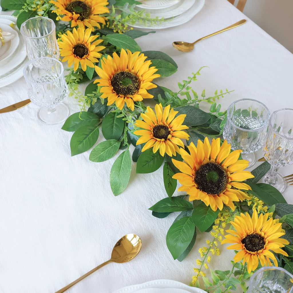Mizii Artificial Sunflower Garland 6FT Fake Silk Sunflowers Flower Garland Autumn Hanging Vines Decorations for Kitchen Table Centerpieces Room Wall Party Wedding Birthday Fall Decor (Orange)