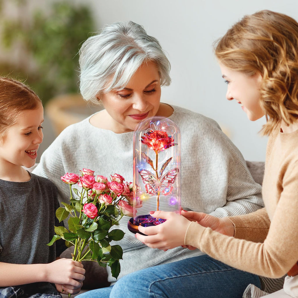 Pusuny Mothers Day Flowers Gifts for Mom Women Birthday Gift Galaxy Glass Rose Forever Eternal Crystal Flowers Rose in Glass Dome with Butterfly Mother's Day Roses Gifts for Mom Daughter Wife Purple