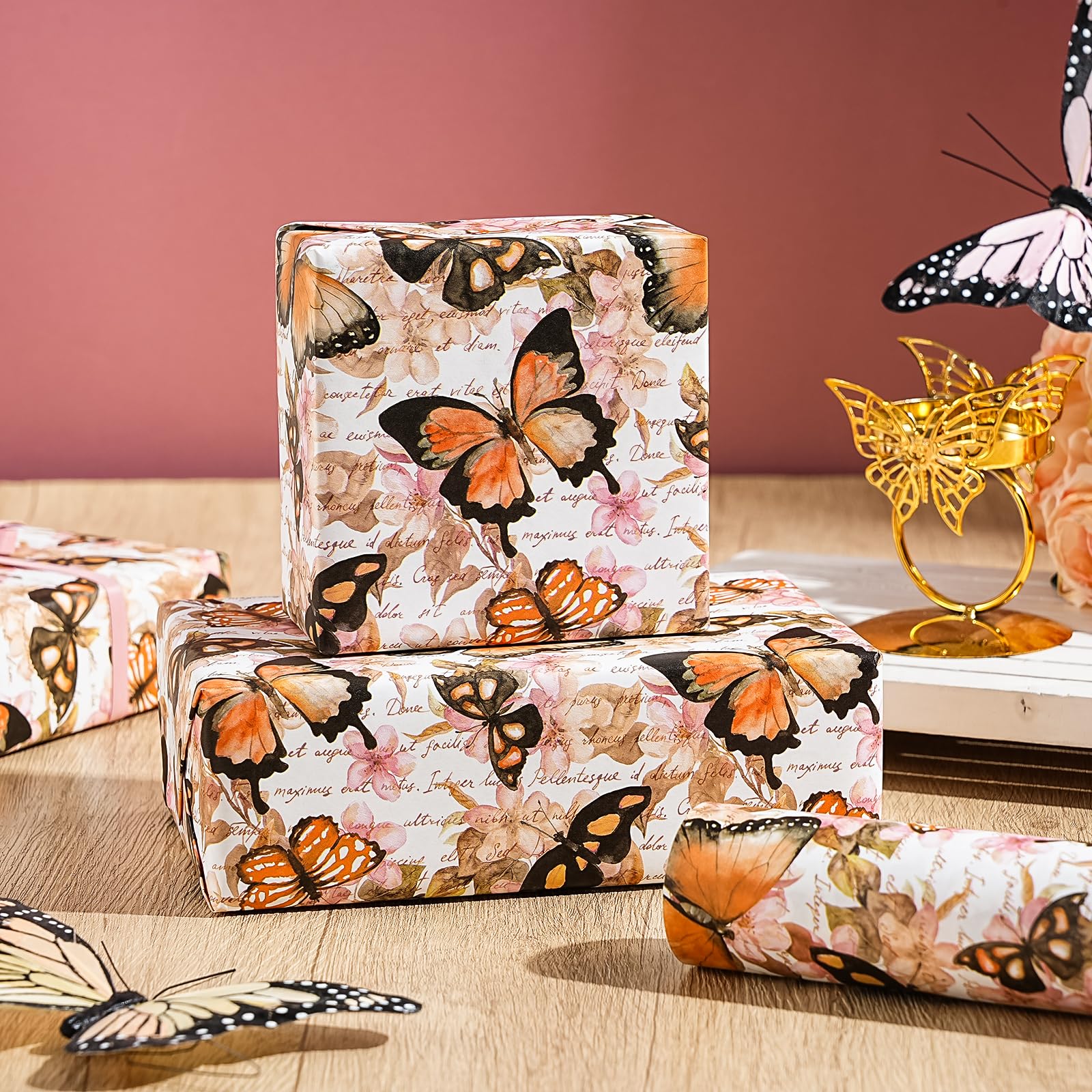 WRAPAHOLIC Kraft Floral Wrapping Paper Roll - Mini Roll - 17 Inch x 9.8 Feet - Spring Summer Garden Flower Design Perfect for Wedding, Bridal Shower, Birthday