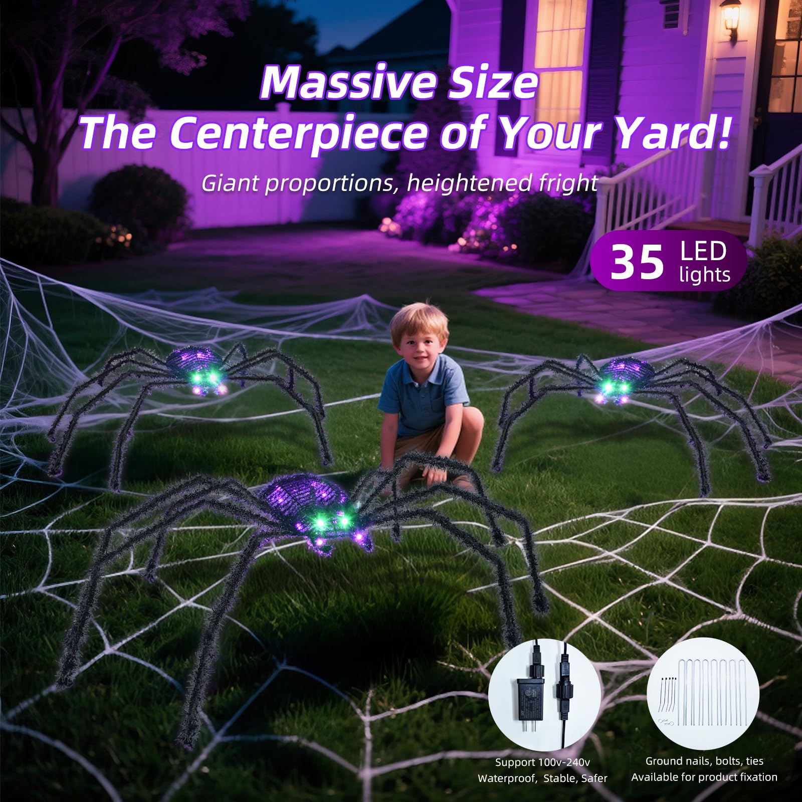 Halloween Decorations Outside Giant Spider - HOYECHI Outdoor Halloween Decor Lighted Spider 4.2FT, Light Up Spider with 90 LED Lights, Ground Stakes, for Front Yard Porch Gardens Lawns Party