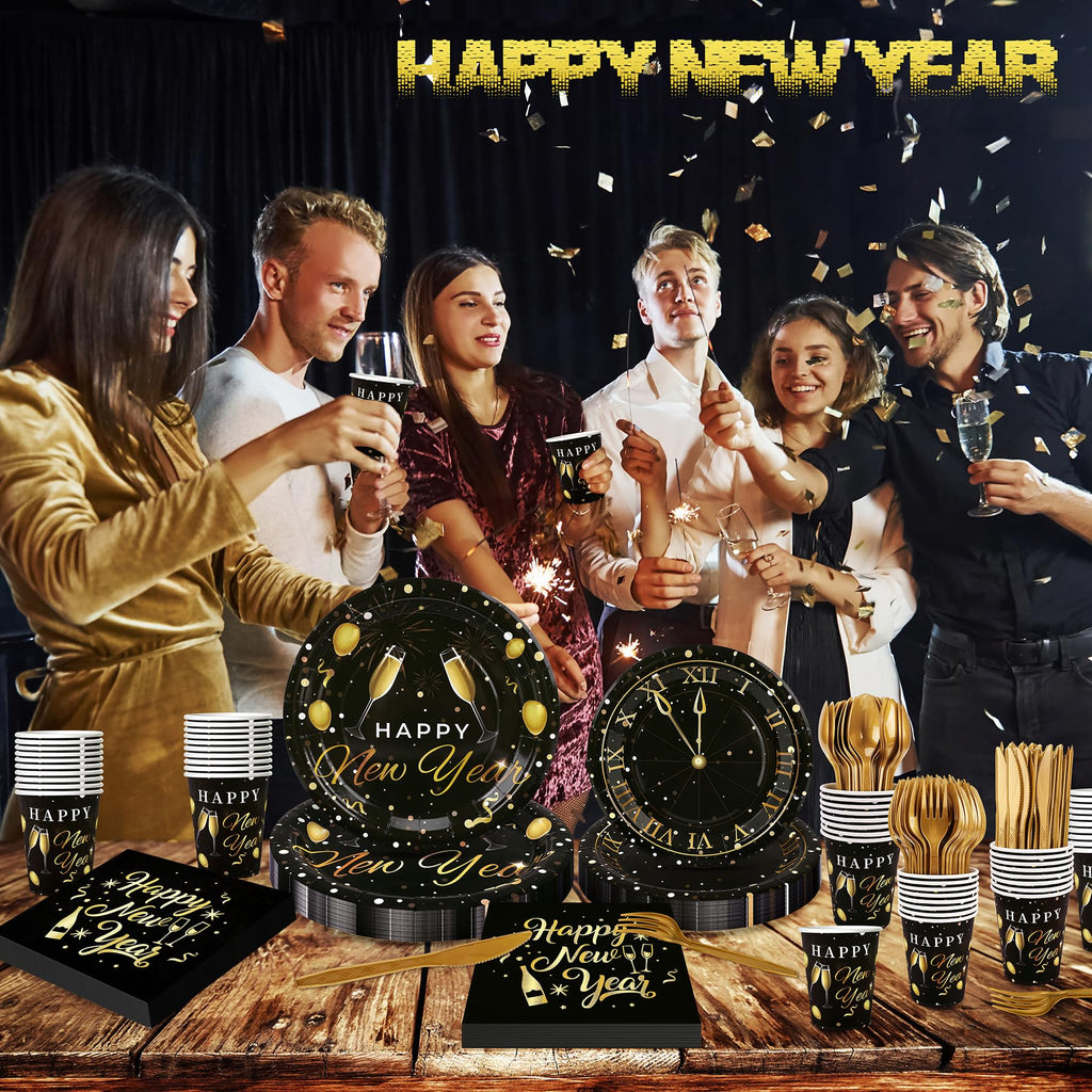 168pcs Happy New Year Party Supplies, Black and White Paper Plates Napkins Cups and Transparent Gold Cutlery for 24 Guests, 2026 New Year Disposable Tableware Supplies for Party Decorations