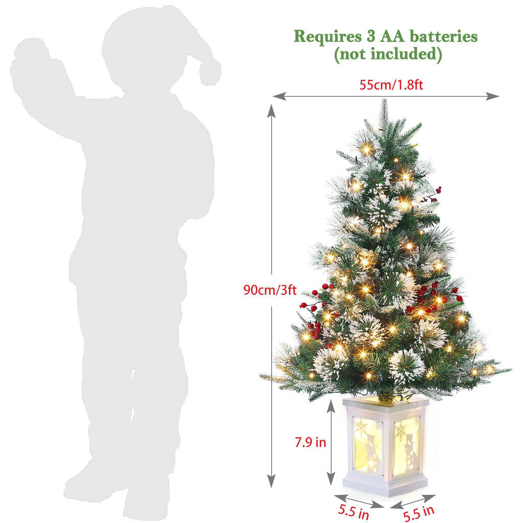 3FT Prelit Premium Snow Flocked Artificial Christmas Tree with Warm White LED, Mini Prelit Xmas Pine Tree for Christmas Decoration,Yard,Home,Office,Outdoor,Indoor,8 Mode Snowflake White Base- 1PC