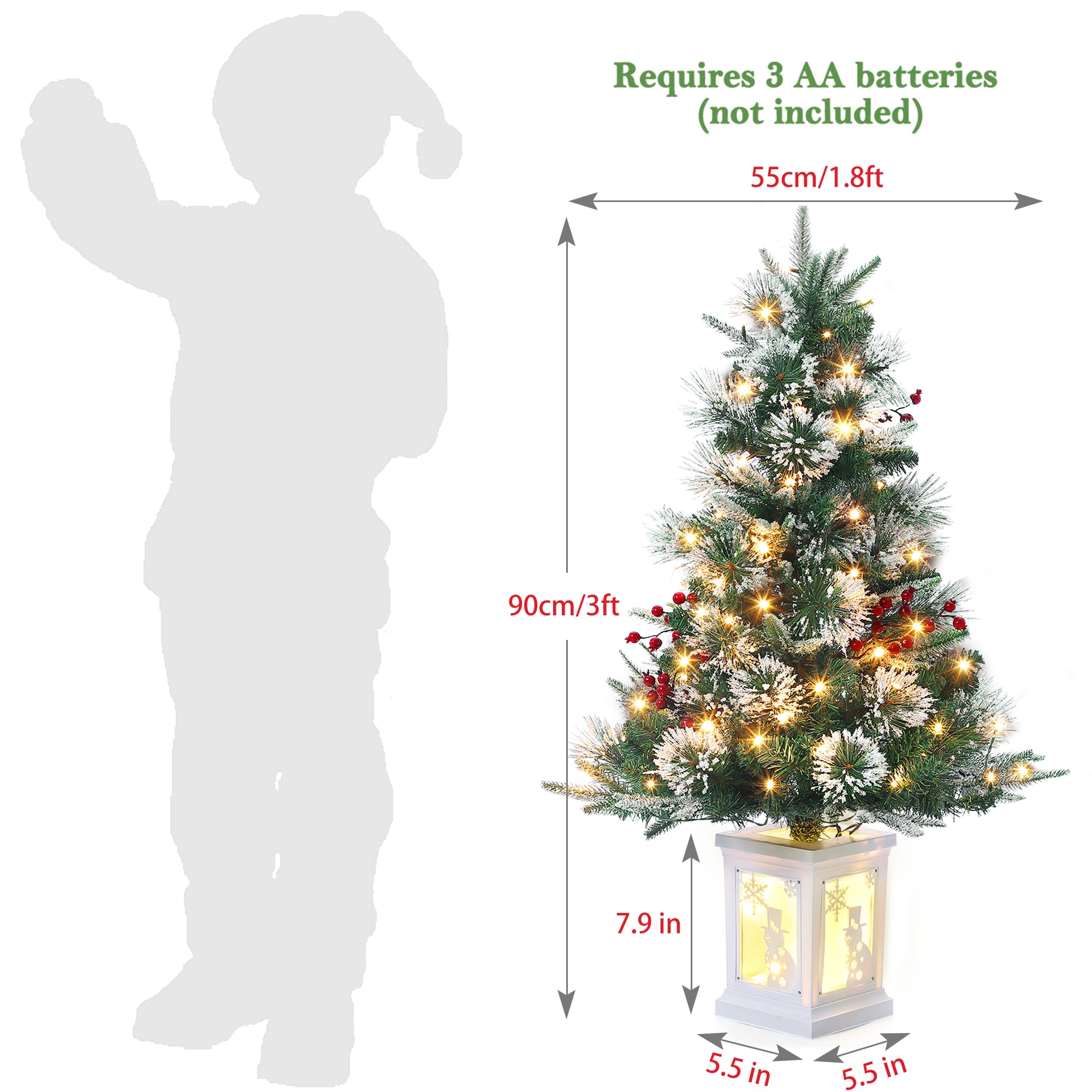 3FT Prelit Premium Snow Flocked Artificial Christmas Tree with Warm White LED, Mini Prelit Xmas Pine Tree for Christmas Decoration,Yard,Home,Office,Outdoor,Indoor,8 Mode Snowflake White Base- 1PC