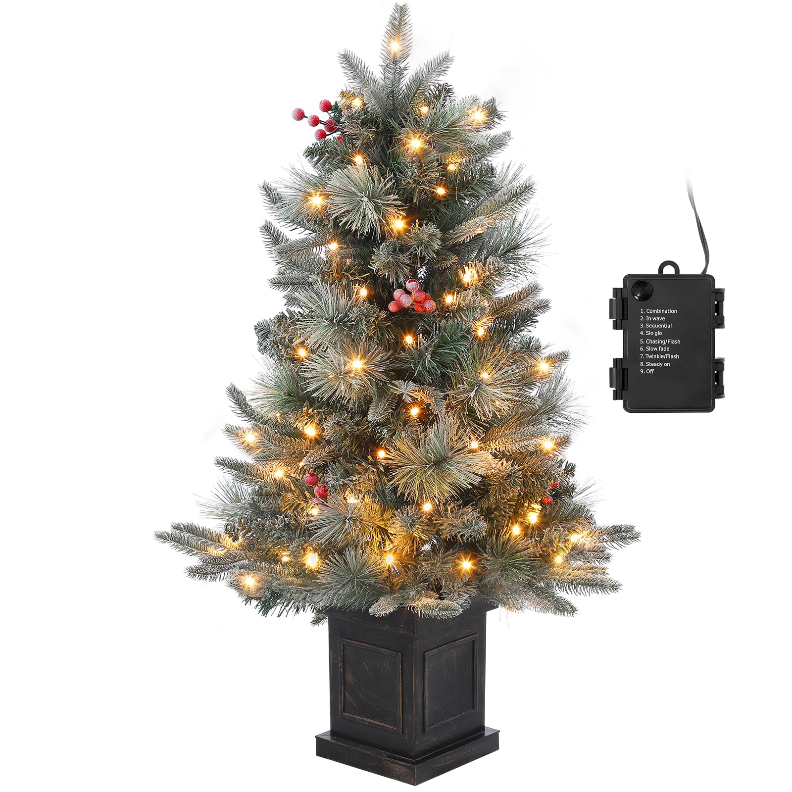 3FT Prelit Premium Snow Flocked Artificial Christmas Tree with Warm White LED, Mini Prelit Xmas Pine Tree for Christmas Decoration,Yard,Home,Office,Outdoor,Indoor,8 Mode Snowflake White Base- 1PC