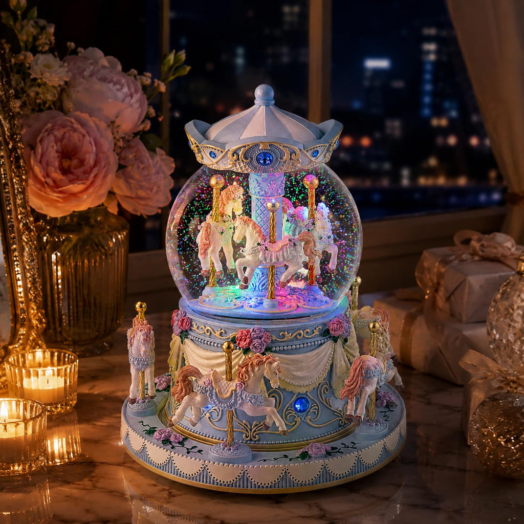 Blue Carousel Snow Globe Music Box with LED Lights, Rotating Horse Merry Go Round, Wind Up Musical Snow Globe Plays You are My Sunshine, Gift for Daughter Granddaughter Mom Women