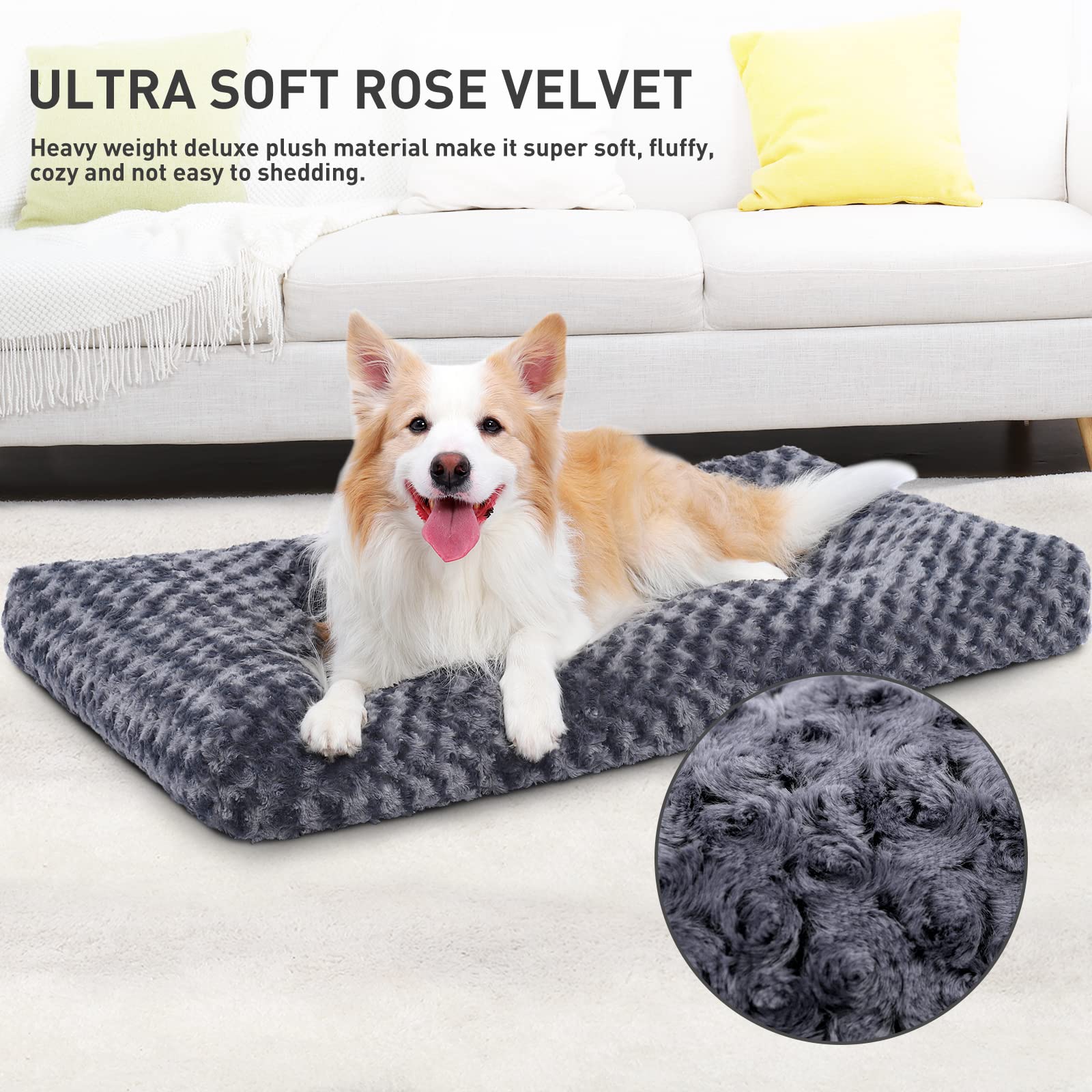 KSIIA Washable Dog Bed Deluxe Plush Dog Crate Beds Comfy Kennel Pad Anti-Slip Pet Sleeping Mat for Large, Jumbo, Medium, Small Dogs Breeds, 35" x 23", Gray