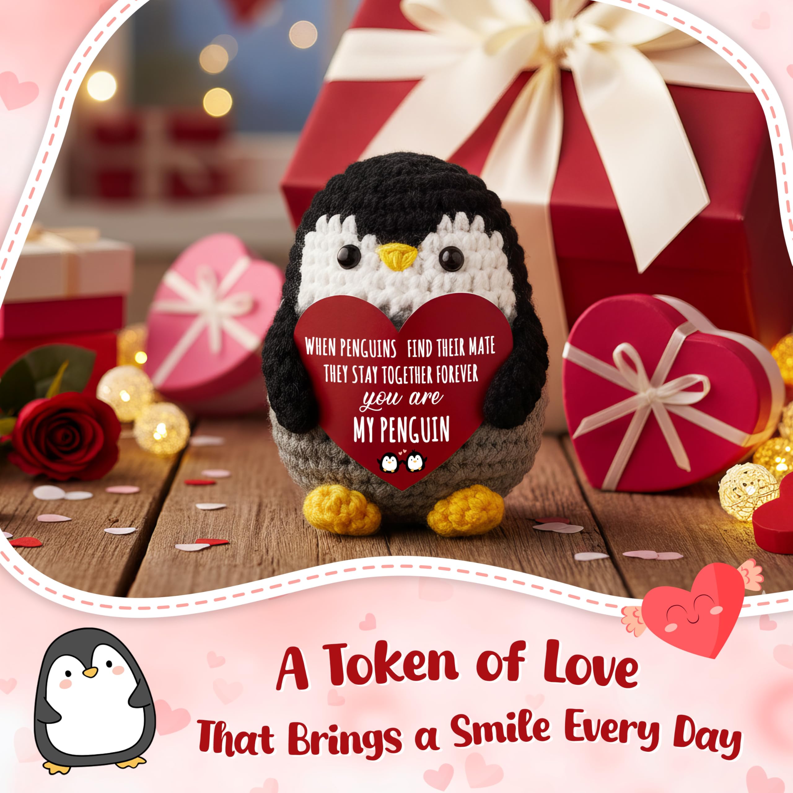 OASSIE Anniversary Couple Gifts for Women Men - Positive Penguin Couple Crochet with Card - Mothers Day Birthday Anniversary Wedding Gifts for Wife Husband Him Her Couples Boyfriend Girlfriend