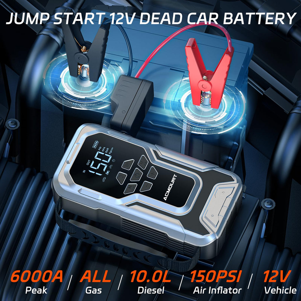 Acmount D18 Jump Starter with Air Compressor, 6000A Car Battery Jumper Starter Portable(All Gas/10.0L Diesel), 150PSI Tire Inflator Air Pump, 12V Jump Pack, 800LM Flashlight, Car Gift for Man