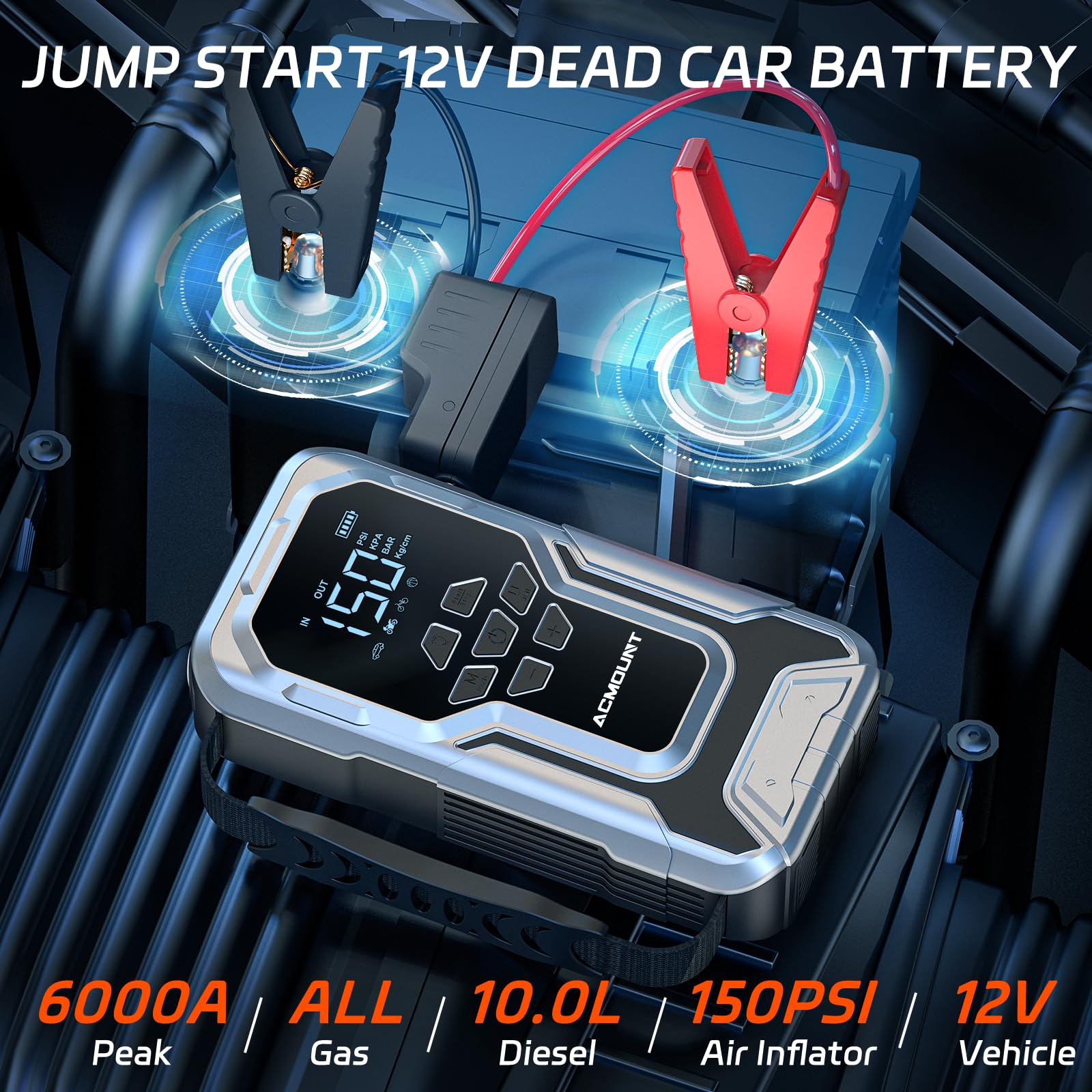 Acmount D18 Jump Starter with Air Compressor, 6000A Car Battery Jumper Starter Portable(All Gas/10.0L Diesel), 150PSI Tire Inflator Air Pump, 12V Jump Pack, 800LM Flashlight, Car Gift for Man