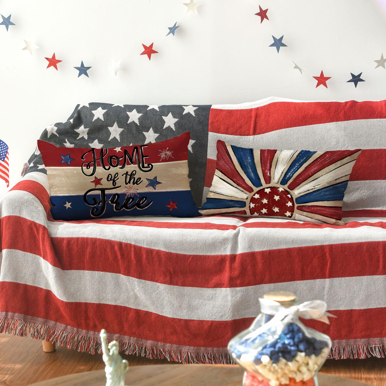 AVOIN colorlife Let Freedom Ring Stars Fireworks Flower Red Throw Pillow Covers, 12 x 20 Inch 4th of July Patriotic Independence Memorial Day USA Flag Cushion Case for Sofa Couch Set of 4