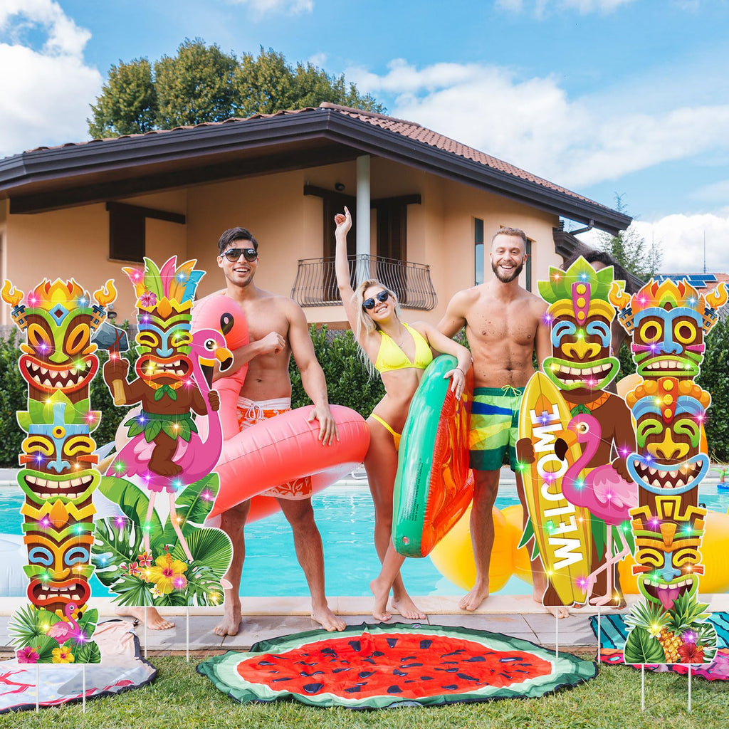 Bencailor 4 Pcs Summer Outdoor Yard Decoration Summer Beach Pool Yard Signs with Stakes LED Hawaiian Themed Party Supplies Beach Ball Surfboard Slipper Decor for Outdoor Lawn Garden Patio
