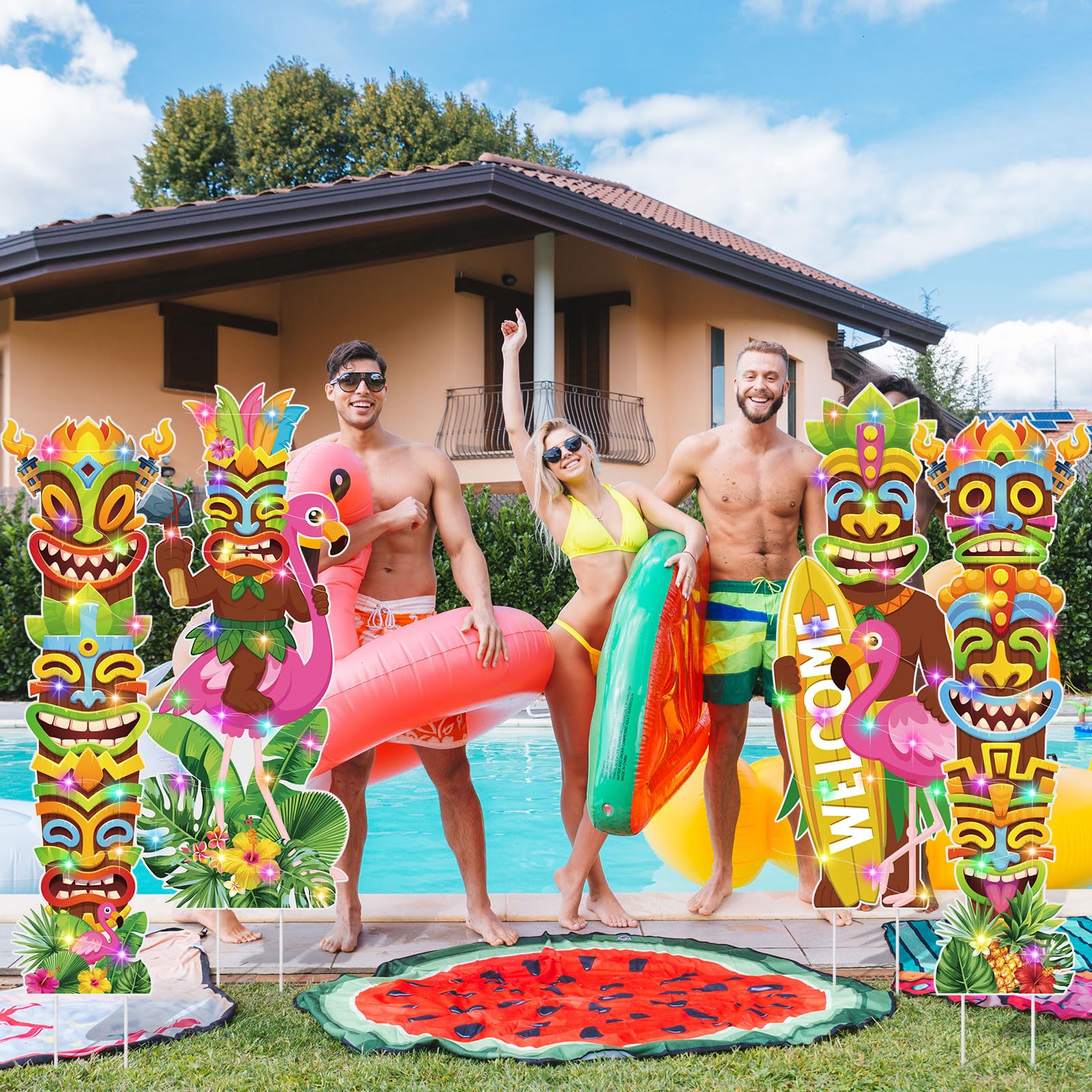 Bencailor 4 Pcs Summer Outdoor Yard Decoration Summer Beach Pool Yard Signs with Stakes LED Hawaiian Themed Party Supplies Beach Ball Surfboard Slipper Decor for Outdoor Lawn Garden Patio