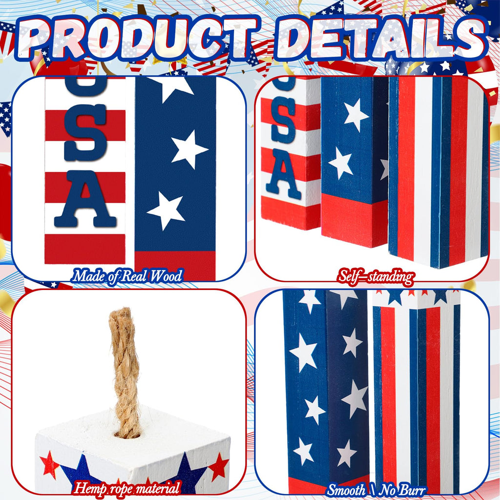 Amyhill 3 Pcs 4th of July Decorations Set Wooden Patriotic Table Centerpieces Independence Day Wood Firework Fourth of July Table Signs for 250th Anniversary Home Farmhouse Decor (Flag)