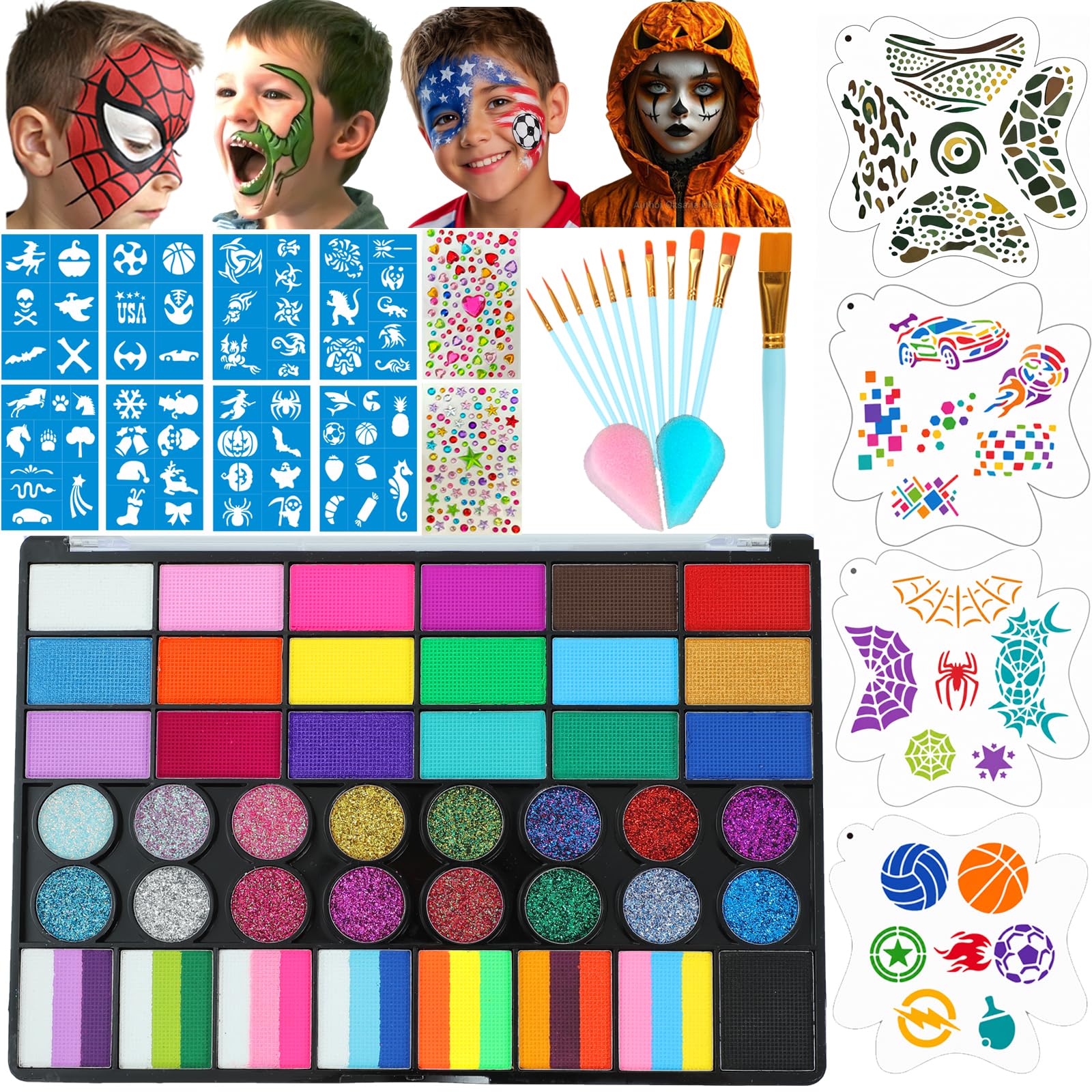 Face Painting Kit for Kids, 42 Colors Professional Face Paint Makeup Kit Non-Toxic Water Activated Facepaint Palette with Brush, Stencil, Sponge, Gem, for Party Halloween Christmas (42 Colors)