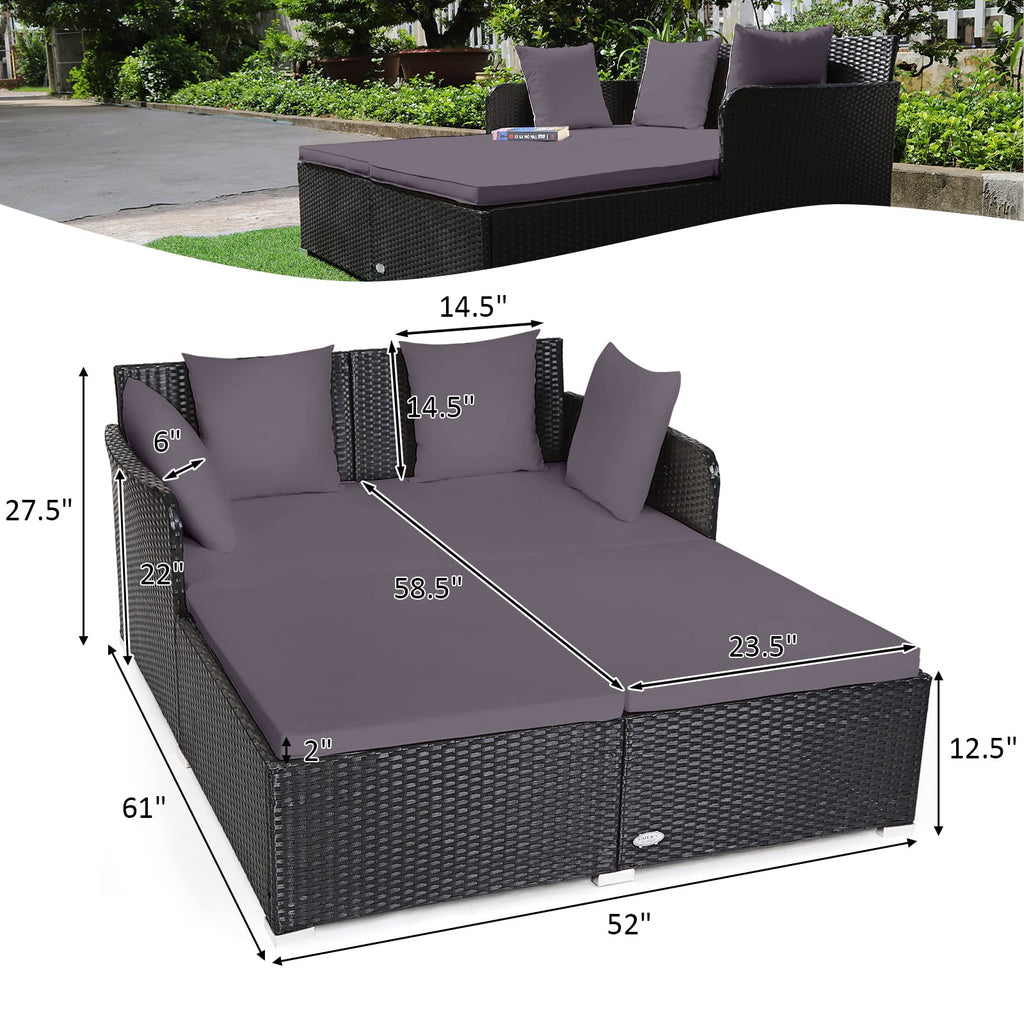 Tangkula Patio Rattan Daybed with Retractable Canopy, Outdoor Wicker Sunbed Lounger with 2 Foldable Side Tables, Thick Seat & Back Cushions, Outside Double Daybed for Garden, Backyard, Porch