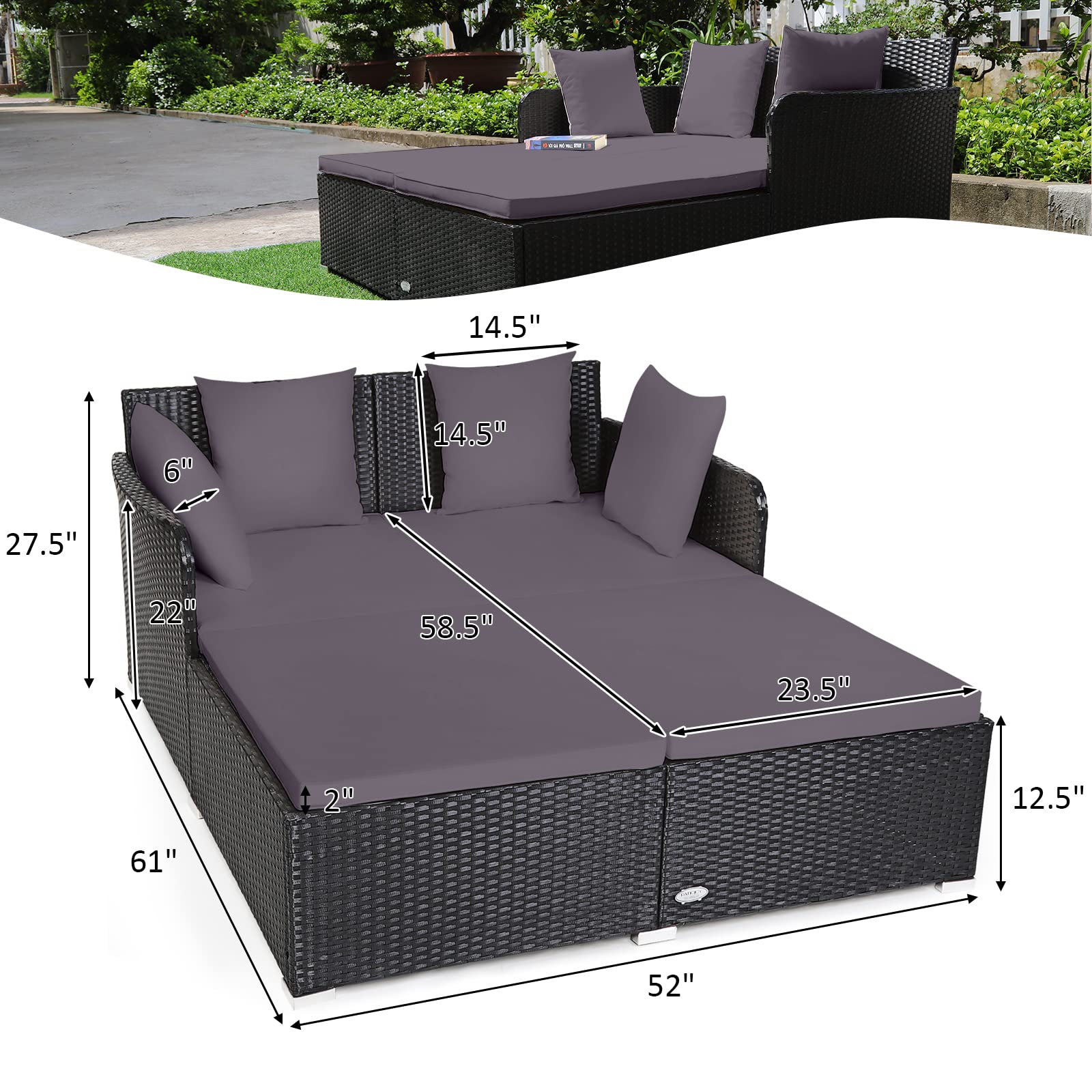 Tangkula Patio Rattan Daybed with Retractable Canopy, Outdoor Wicker Sunbed Lounger with 2 Foldable Side Tables, Thick Seat & Back Cushions, Outside Double Daybed for Garden, Backyard, Porch