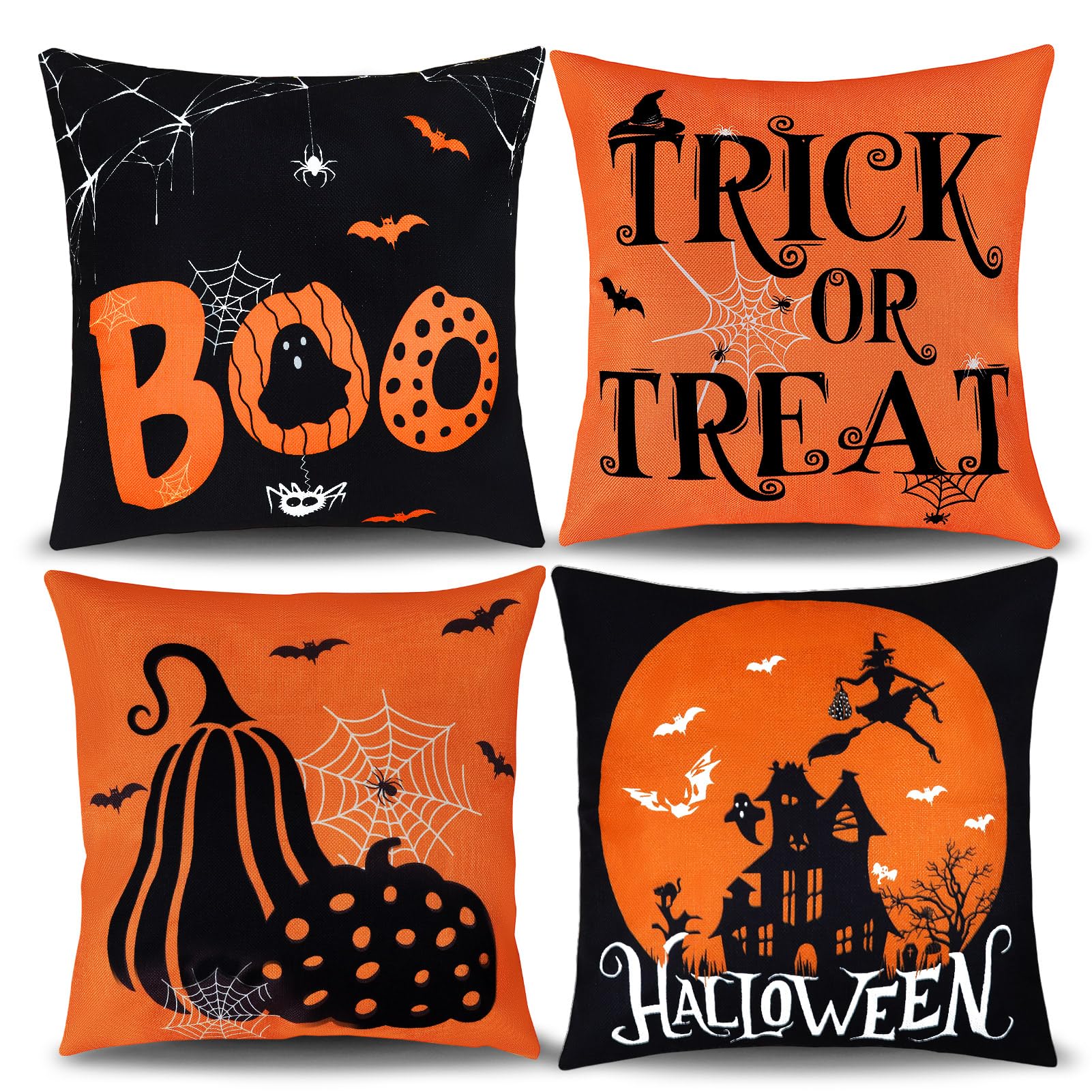 Hongsome Fall Decorations for Home-Throw Pillow Covers 18x18in Set of 4,Pumpkin Linen Pillow Case for Thanksgiving Couch Autumn Holiday Outdoor Burnt Orange White Decor