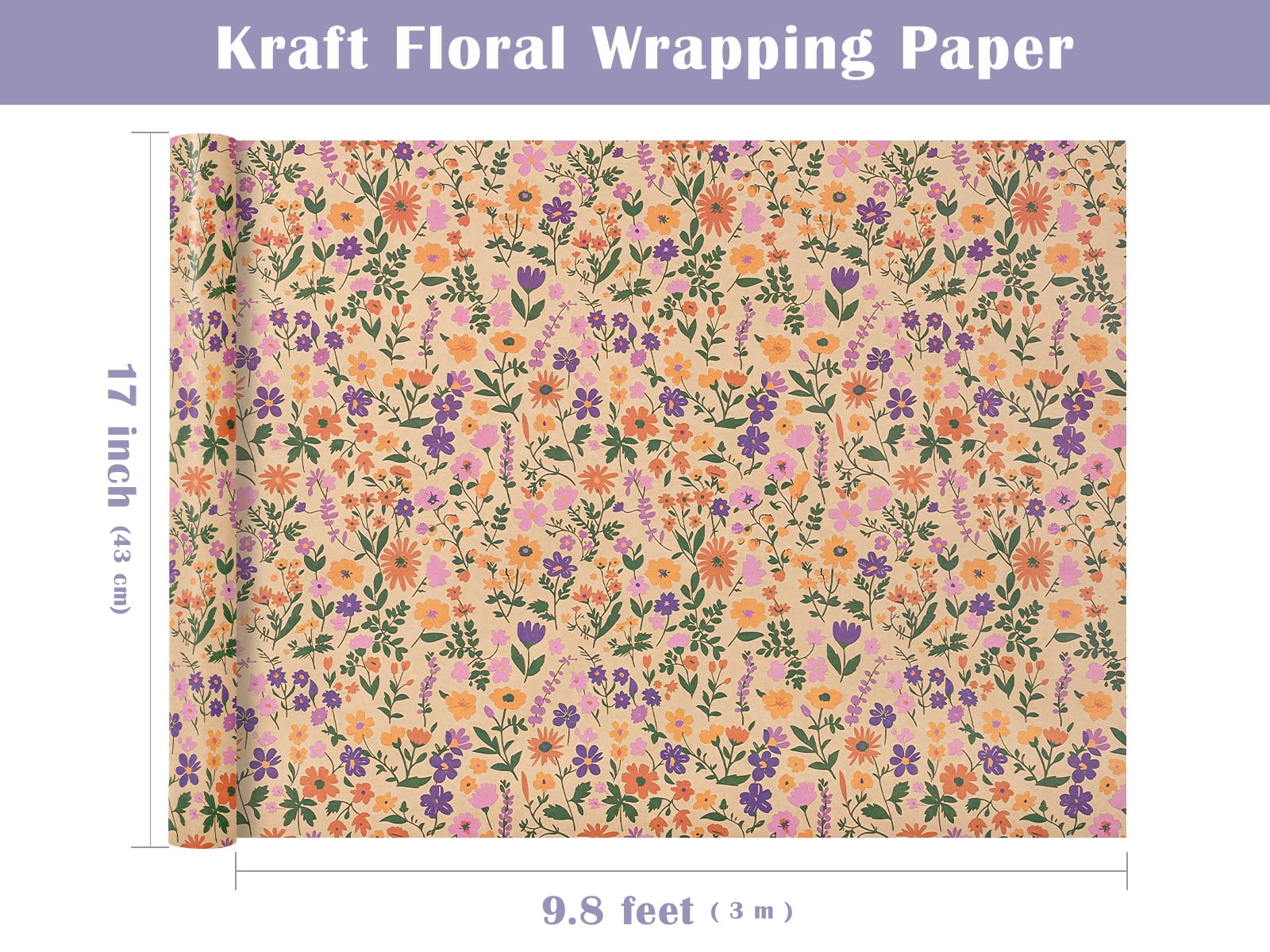 WRAPAHOLIC Kraft Floral Wrapping Paper Roll - Mini Roll - 17 Inch x 9.8 Feet - Spring Summer Garden Flower Design Perfect for Wedding, Bridal Shower, Birthday