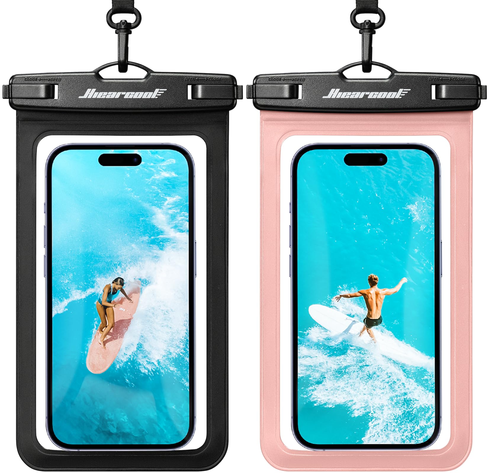 Hiearcool Waterproof Phone Pouch, IPX8 Waterproof Phone Case for iPhone 17/16/15/14 Pro Max, Cell Phone Dry Bag for Beach & Cruise Essentials, Touch Screen, Lanyard Included, 2 Pack (Fits Up to 8.9”)