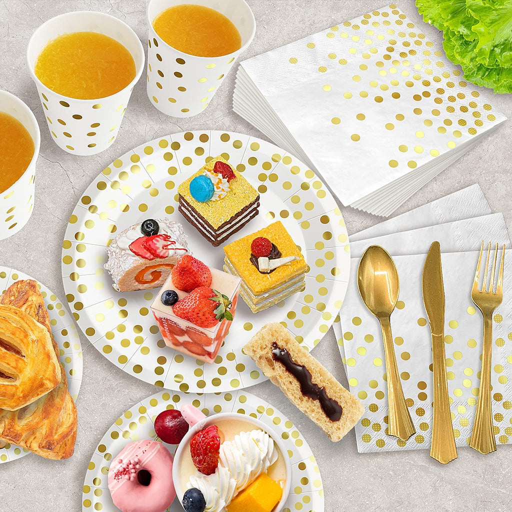 AIRE 175PCS White and Gold Party Supplies, Heavy Duty Disposable Dinnerware Set Serves 25, Paper Plates Plastic Forks Knives Spoons for Birthday,Graduation, Bridal Shower Decoration