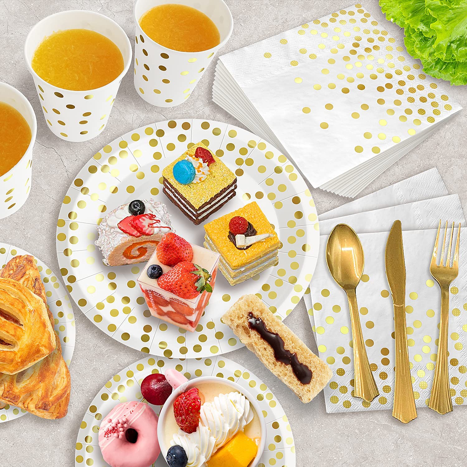 AIRE 175PCS White and Gold Party Supplies, Heavy Duty Disposable Dinnerware Set Serves 25, Paper Plates Plastic Forks Knives Spoons for Birthday,Graduation, Bridal Shower Decoration