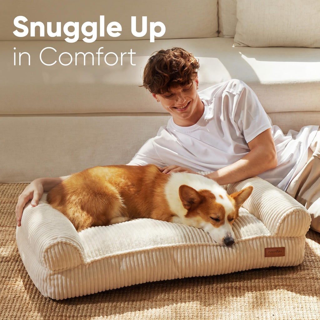 FUKUMARU Dog Couch Bed, Corduroy Cozy Cat Bed for Indoor Cats with Washable Cover, 28in Waterproof Orthopedic Dog Beds Sofa for Small Dogs and Large Cats, Cute Warm Cotton Pet Sofa, Green