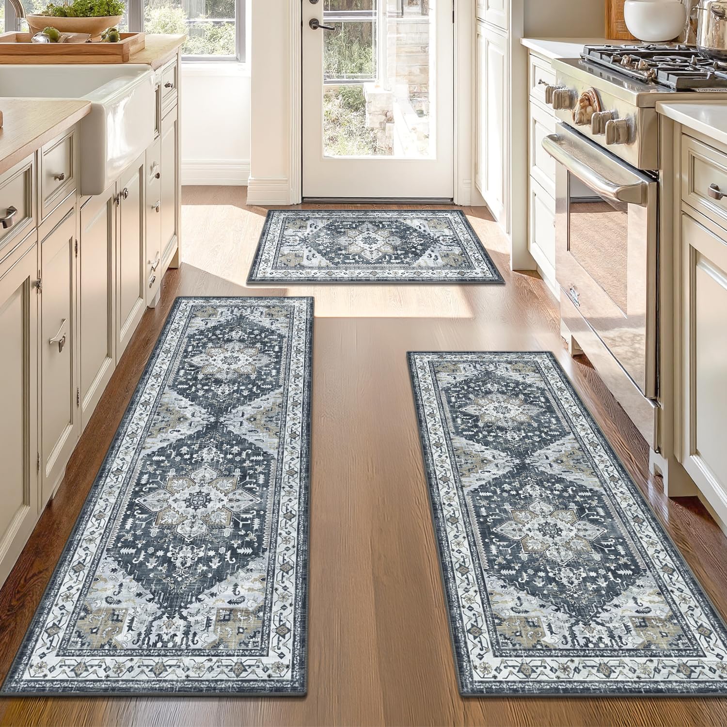 Yamaziot Christmas Kitchen Rugs Sets of 3, Non Slip Kitchen Mats for Floor with Rubber Backing, Holiday Christmas Snowflake Runner Rug Decor Home Decorations for Kitchen, Laundry Room, Hallway