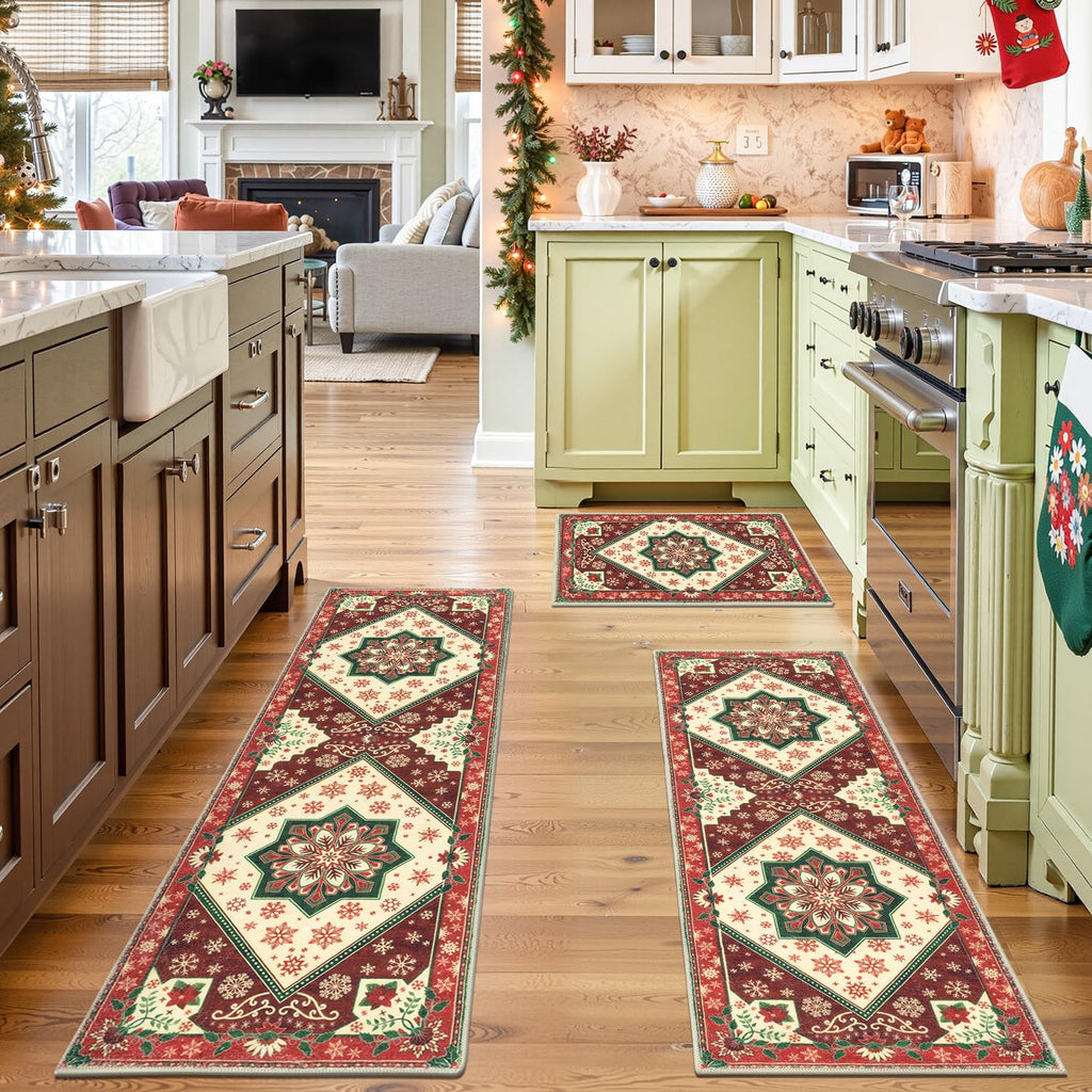 Yamaziot Christmas Kitchen Rugs Sets of 3, Non Slip Kitchen Mats for Floor with Rubber Backing, Holiday Christmas Snowflake Runner Rug Decor Home Decorations for Kitchen, Laundry Room, Hallway