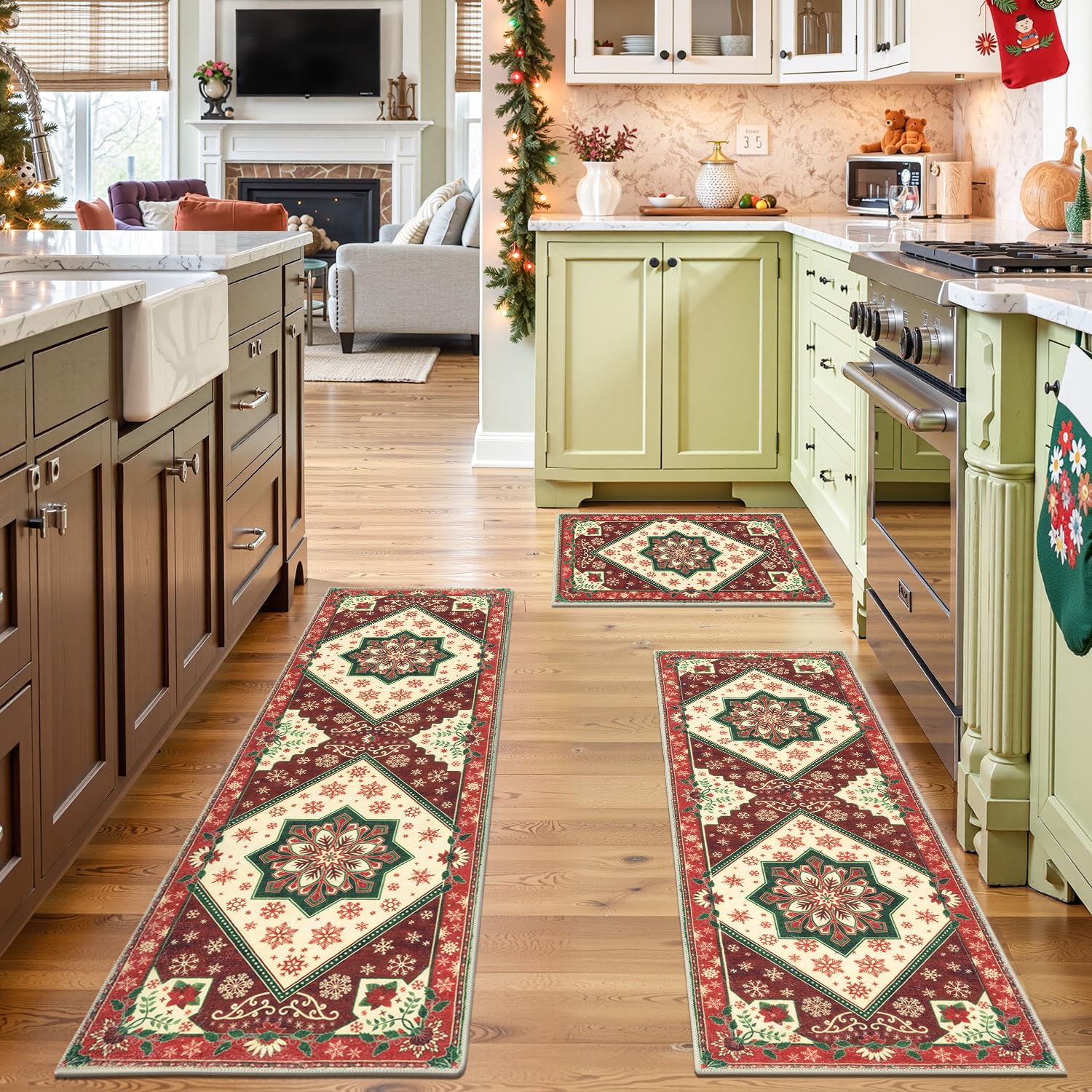 Yamaziot Christmas Kitchen Rugs Sets of 3, Non Slip Kitchen Mats for Floor with Rubber Backing, Holiday Christmas Snowflake Runner Rug Decor Home Decorations for Kitchen, Laundry Room, Hallway