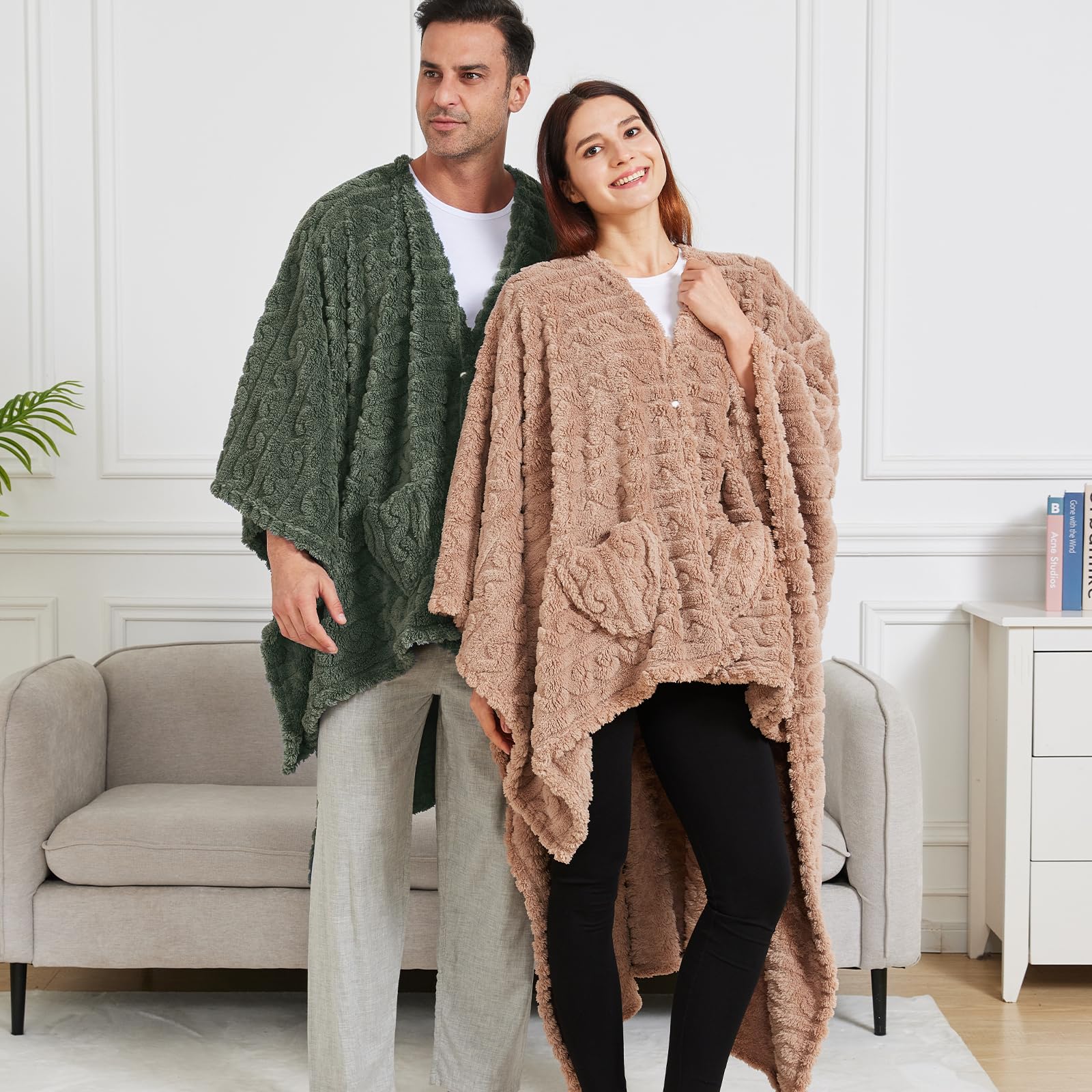 Wearable Blanket Poncho Cape Wrap for Adult, Cozy Sherpa Fleece Pocketed Shawl TV Throw Blankets for Office and Lounge(Caramel,58'' x 64'')