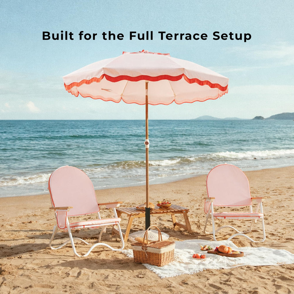 Padded Low Beach Chair, 4-Position Folding Outdoor Chair with Wooden Armrests, Cushioned Seat, Storage Pouch & Carry Strap for Beach, Patio and Lawn, Cala Serena Ochre Stripe