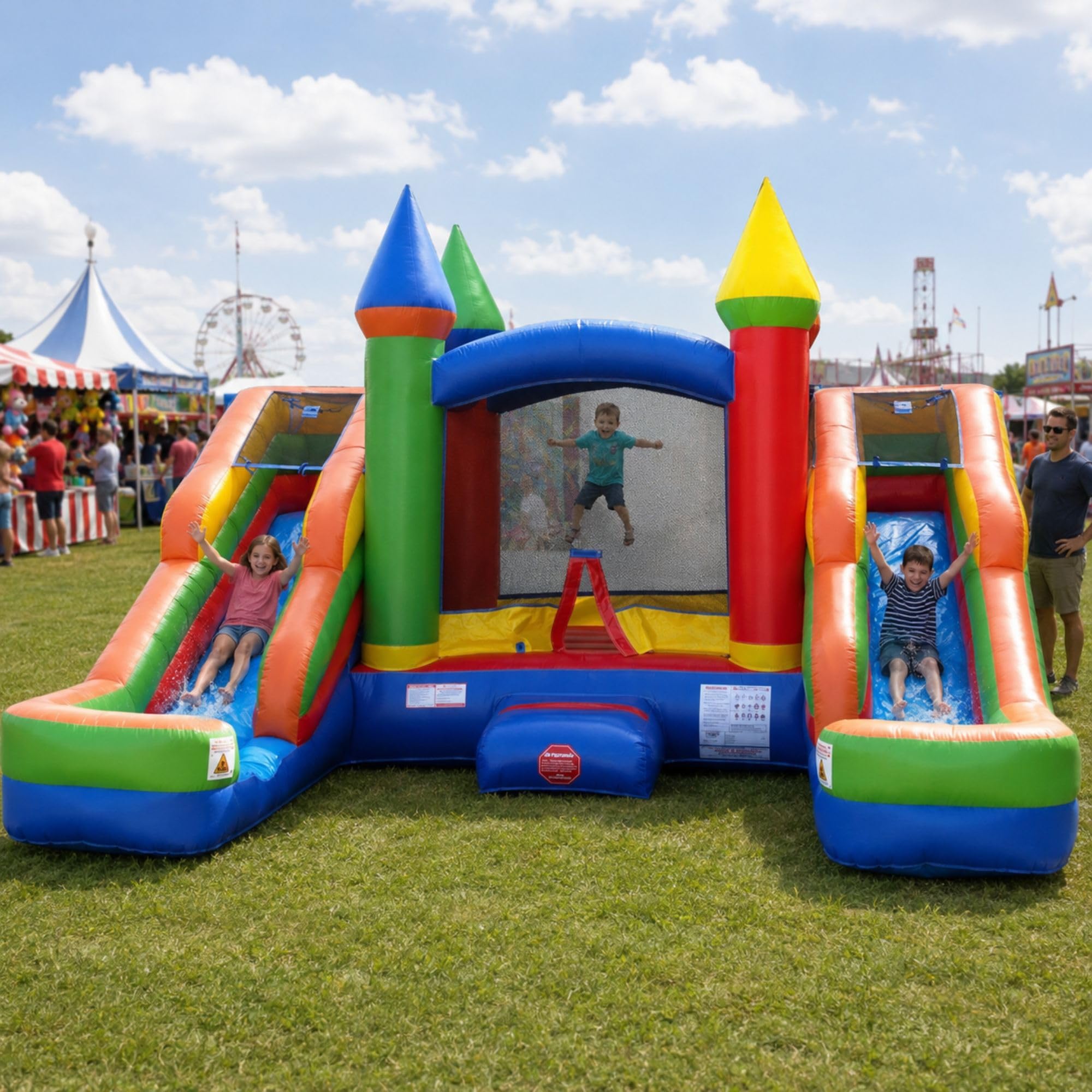 Crossover Tropical Double Water Slide Bounce House Combo, 16.5 x 15 x 11 Foot, PVC Vinyl Inflatable Bouncy House for Kids, Wet or Dry Slides, with Stakes, Storage Bag and 1 HP Blower