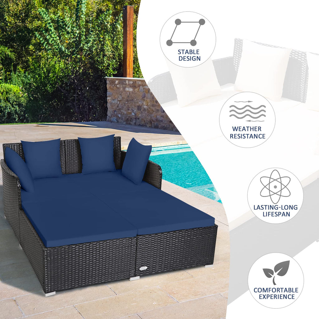 Tangkula Patio Rattan Daybed with Retractable Canopy, Outdoor Wicker Sunbed Lounger with 2 Foldable Side Tables, Thick Seat & Back Cushions, Outside Double Daybed for Garden, Backyard, Porch