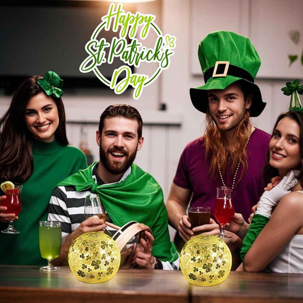 St Patricks Day Decorations Lights, Lighted Glass Ball Tabletop Irish Decor LED Night Light with Clover Pattern,Irish DIecorations for Home (2PCS3.93'')