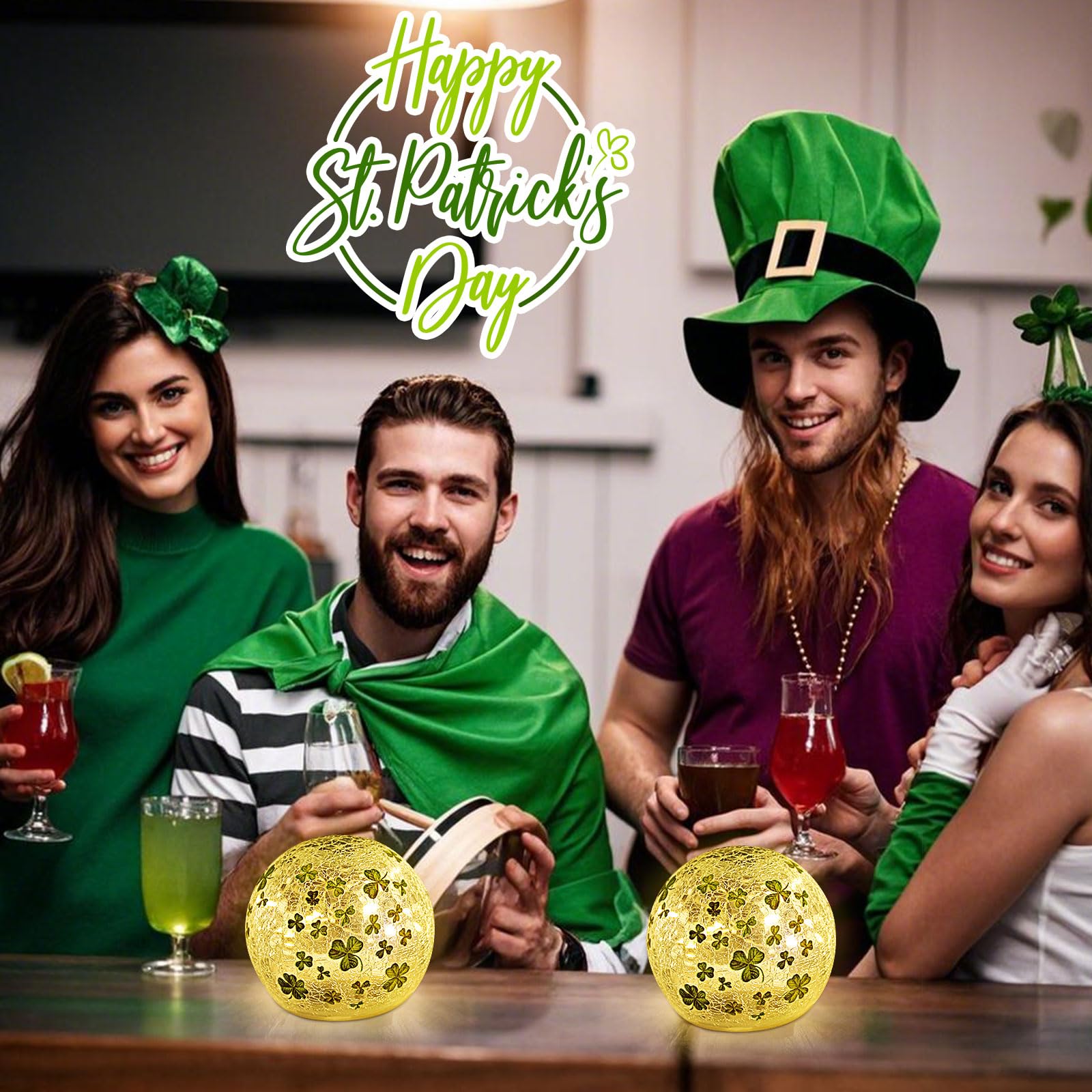 St Patricks Day Decorations Lights, Lighted Glass Ball Tabletop Irish Decor LED Night Light with Clover Pattern,Irish DIecorations for Home (2PCS3.93'')